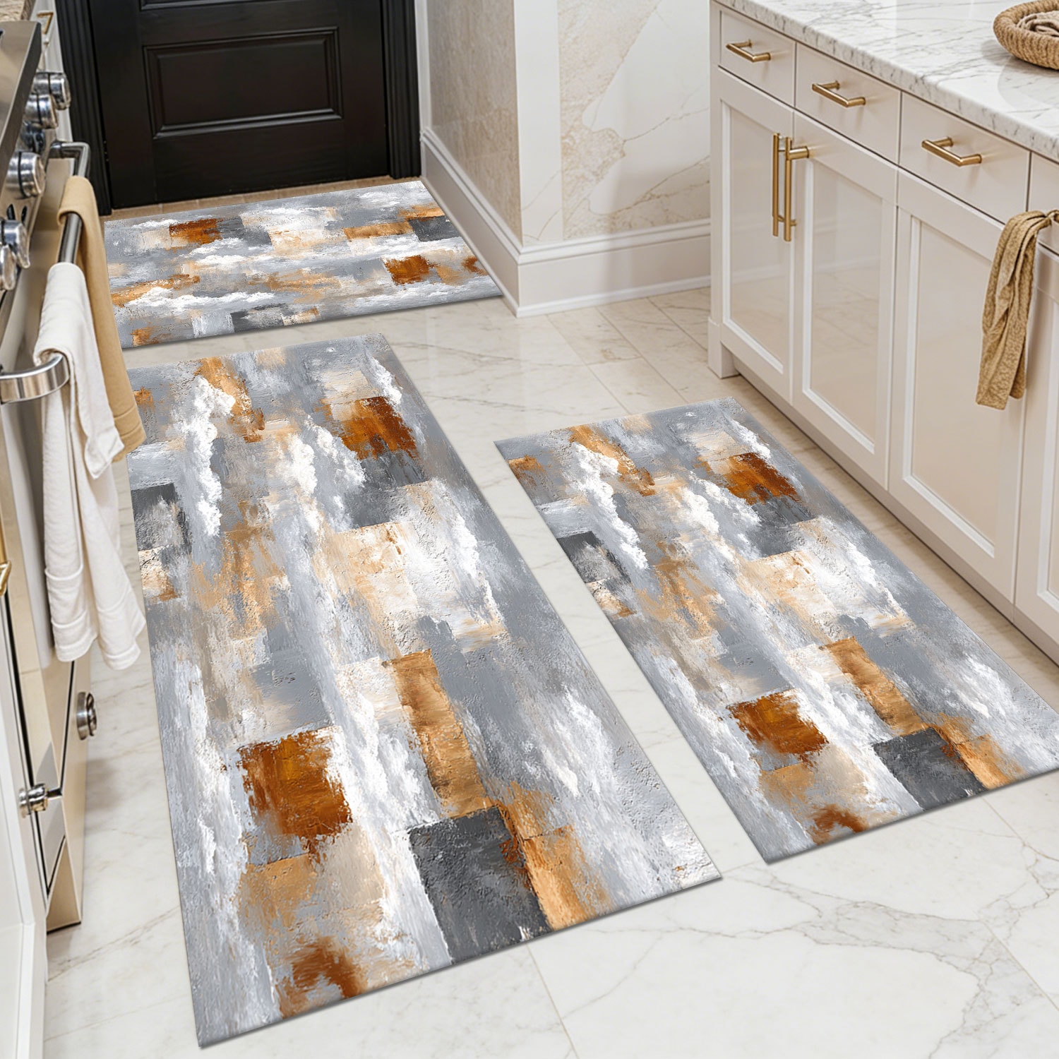 Three-piece kitchen rug set, non-slip and washable, abstract pattern kitchen hallway rug, soft and comfortable, suitable for sinks, floors, entrances, hallways and bathrooms.