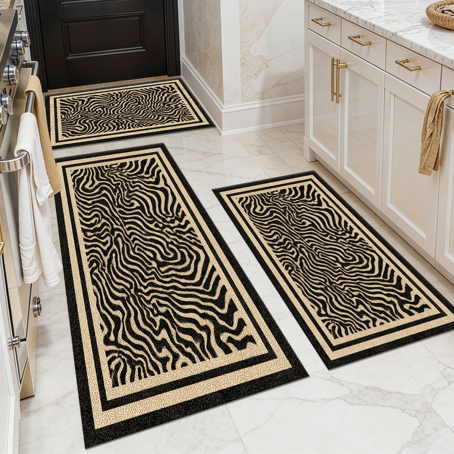 Three-piece kitchen rug set, non-slip and washable, abstract pattern kitchen hallway rug, soft and comfortable, suitable for sinks, floors, entrances, hallways and bathrooms.