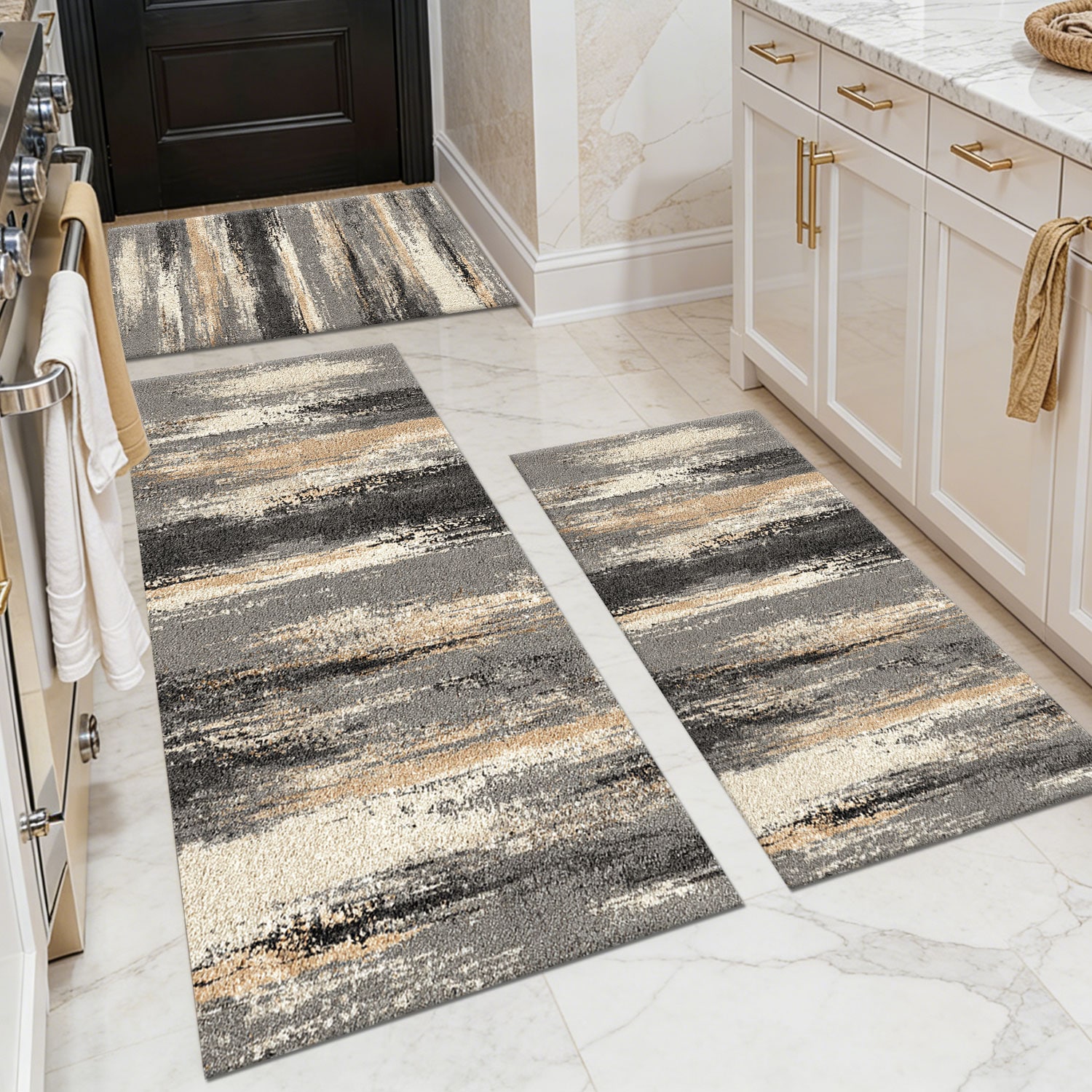 Three-piece kitchen rug set, non-slip and washable, abstract pattern kitchen hallway rug, soft and comfortable, suitable for sinks, floors, entrances, hallways and bathrooms.