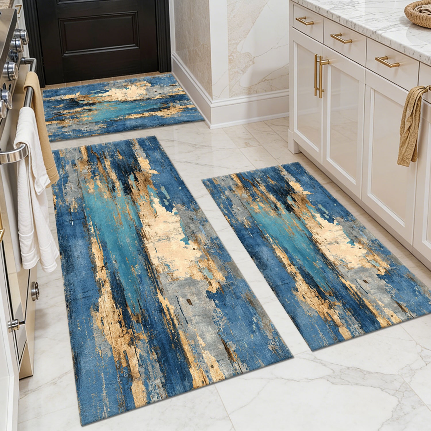 Three-piece kitchen rug set, non-slip and washable, abstract pattern kitchen hallway rug, soft and comfortable, suitable for sinks, floors, entrances, hallways and bathrooms.