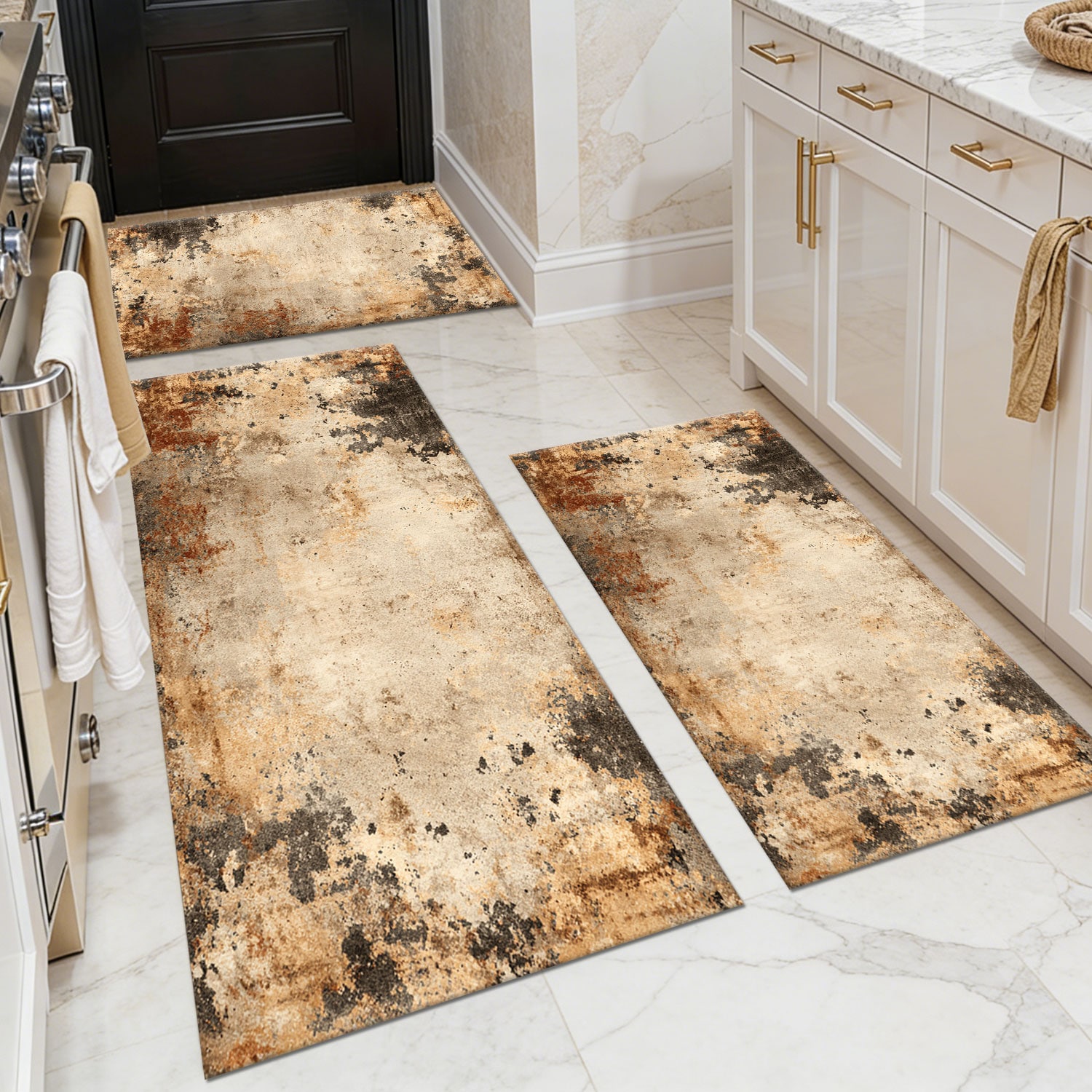 Three-piece kitchen rug set, non-slip and washable, abstract pattern kitchen hallway rug, soft and comfortable, suitable for sinks, floors, entrances, hallways and bathrooms.