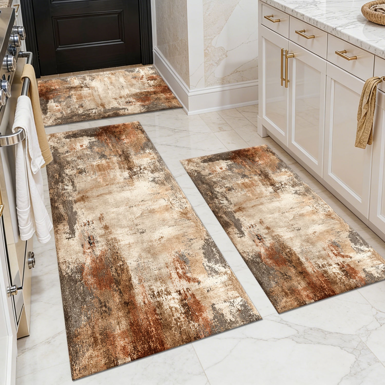 Three-piece kitchen rug set, non-slip and washable, abstract pattern kitchen hallway rug, soft and comfortable, suitable for sinks, floors, entrances, hallways and bathrooms.