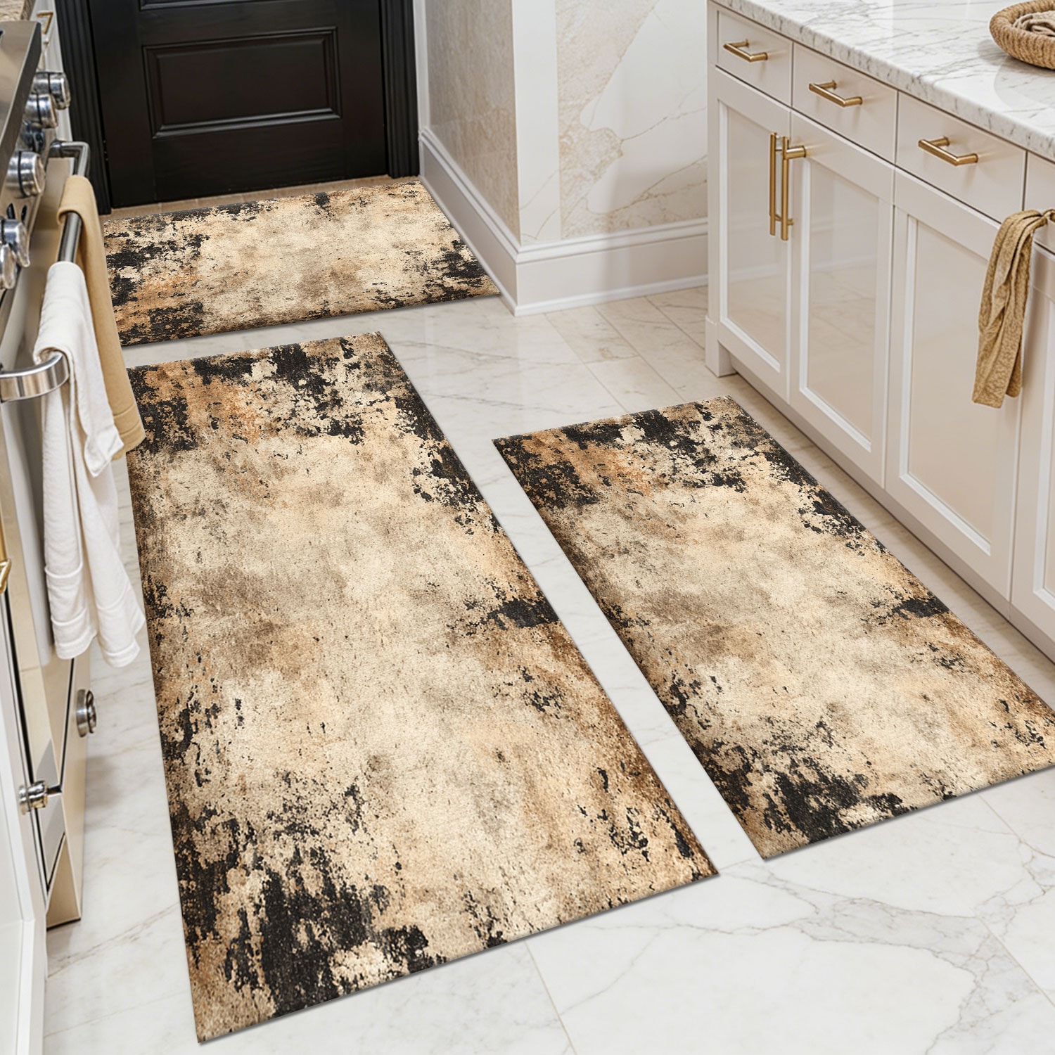 Three-piece kitchen rug set, non-slip and washable, abstract pattern kitchen hallway rug, soft and comfortable, suitable for sinks, floors, entrances, hallways and bathrooms.