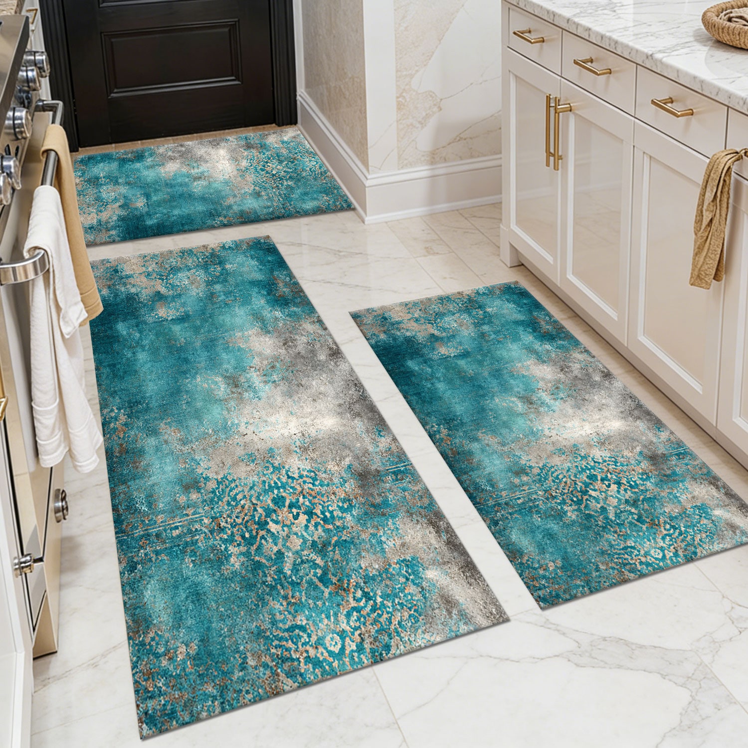 Three-piece kitchen rug set, non-slip and washable, abstract pattern kitchen hallway rug, soft and comfortable, suitable for sinks, floors, entrances, hallways and bathrooms.