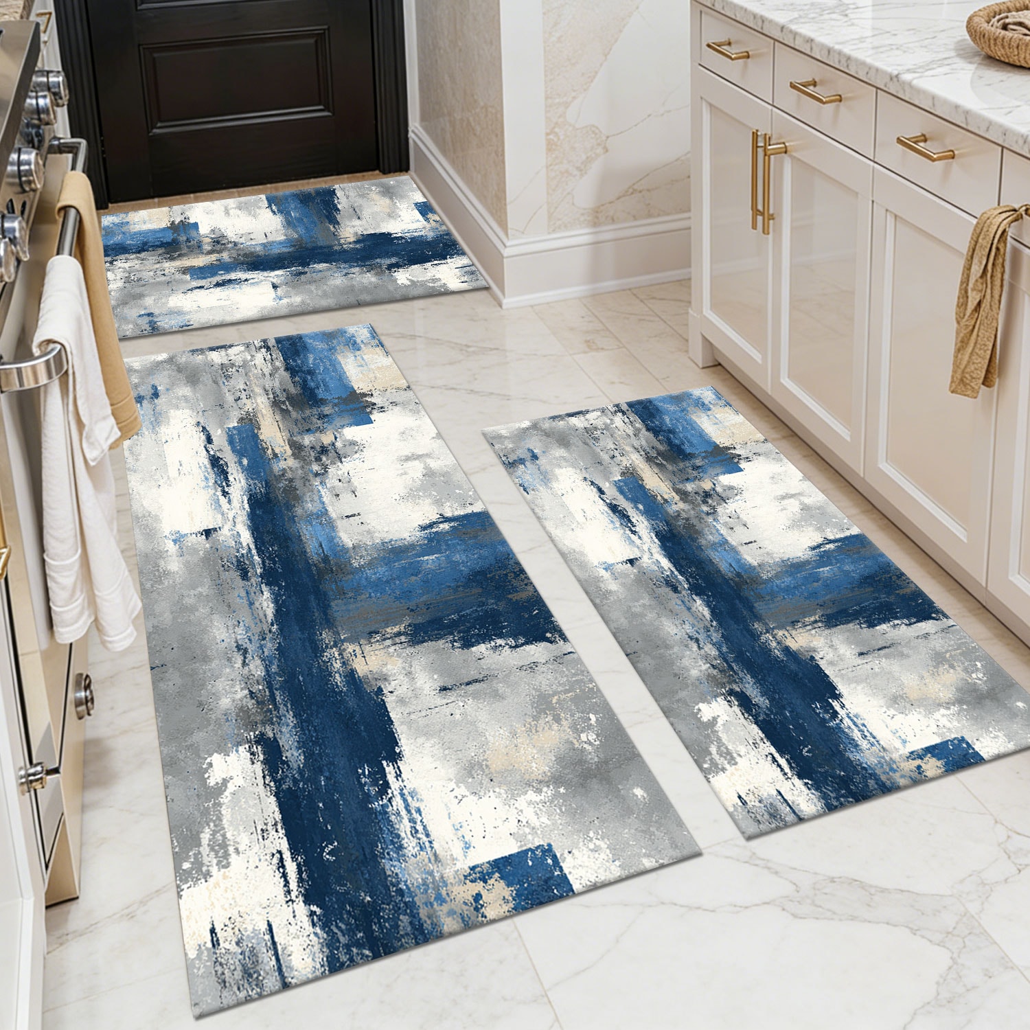 Three-piece kitchen rug set, non-slip and washable, abstract pattern kitchen hallway rug, soft and comfortable, suitable for sinks, floors, entrances, hallways and bathrooms.