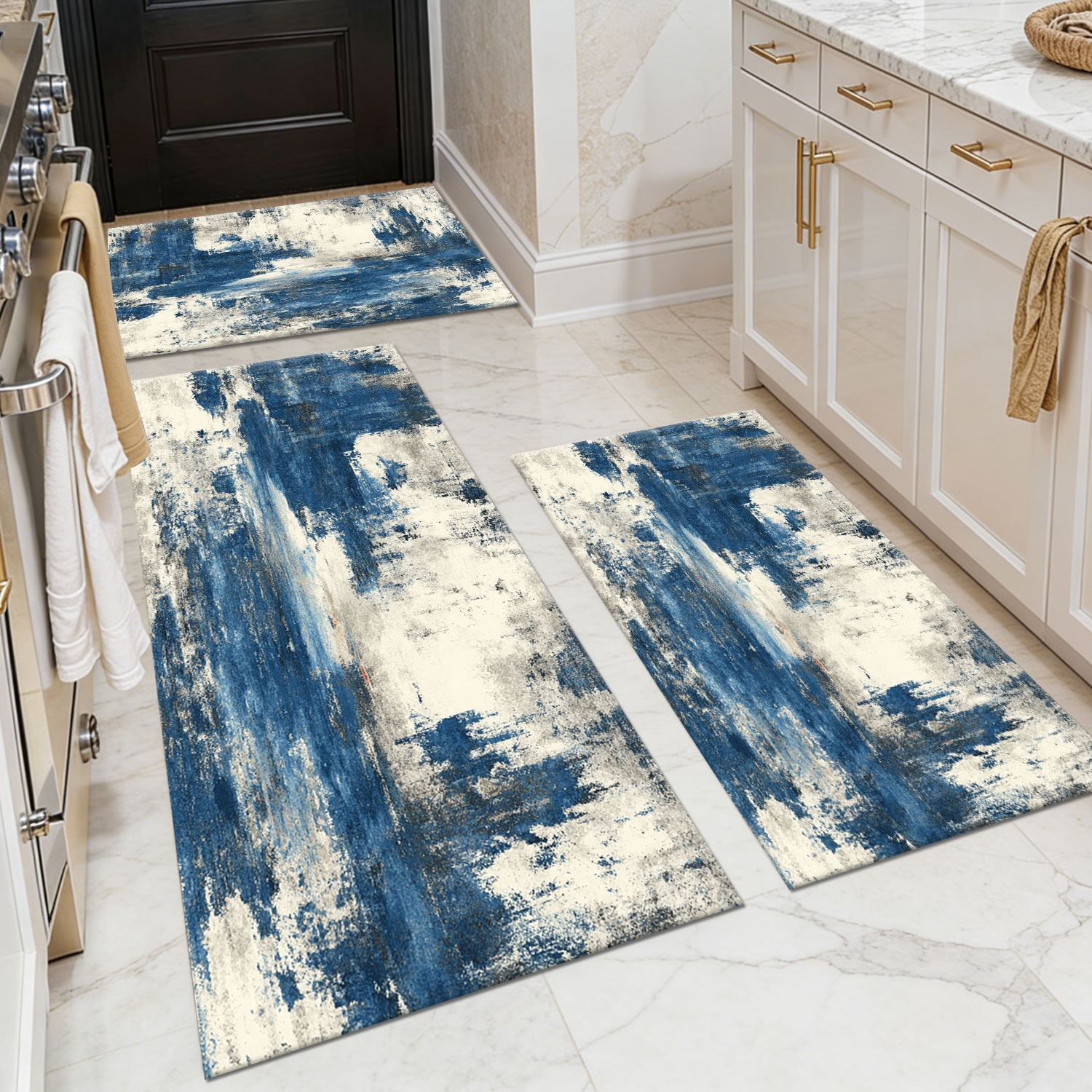 Three-piece kitchen rug set, non-slip and washable, abstract pattern kitchen hallway rug, soft and comfortable, suitable for sinks, floors, entrances, hallways and bathrooms.