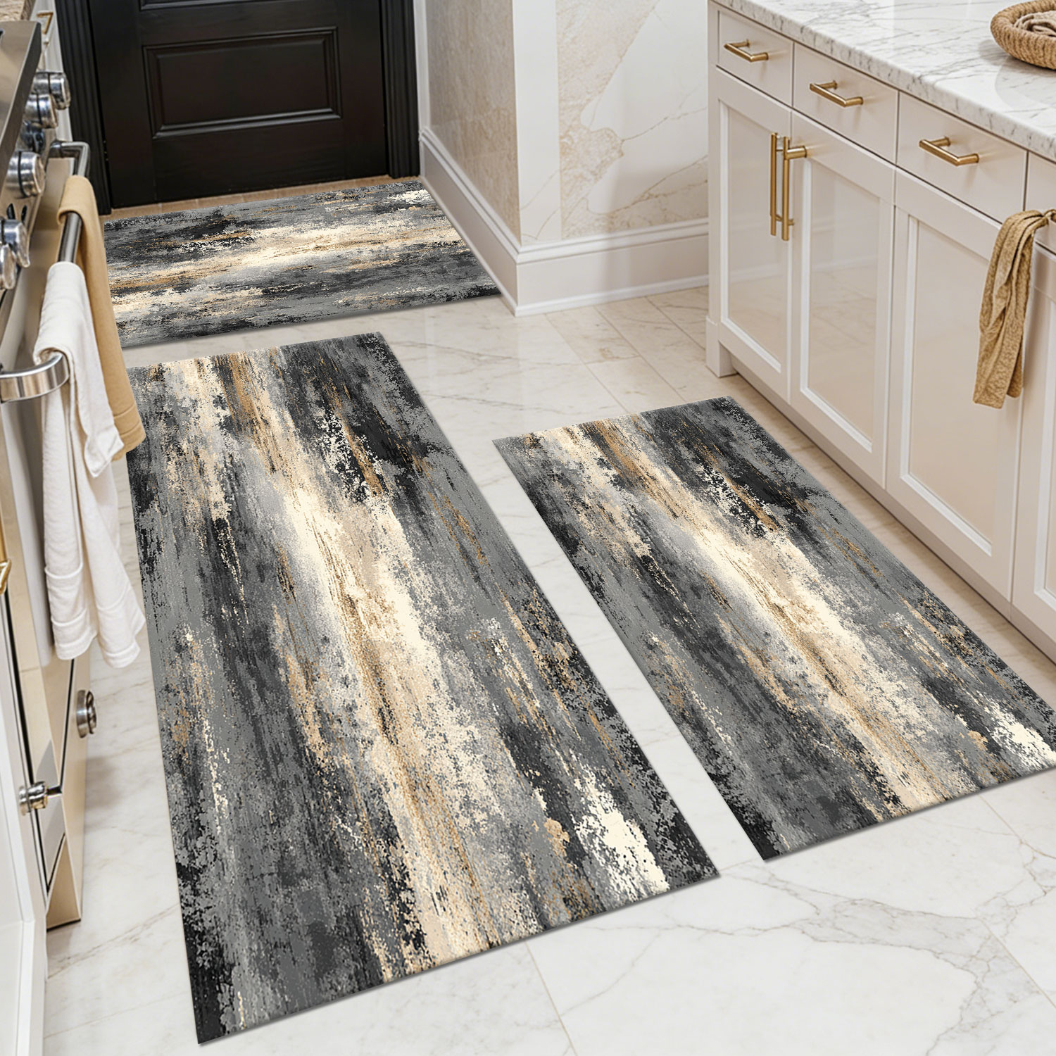 Three-piece kitchen rug set, non-slip and washable, abstract pattern kitchen hallway rug, soft and comfortable, suitable for sinks, floors, entrances, hallways and bathrooms.
