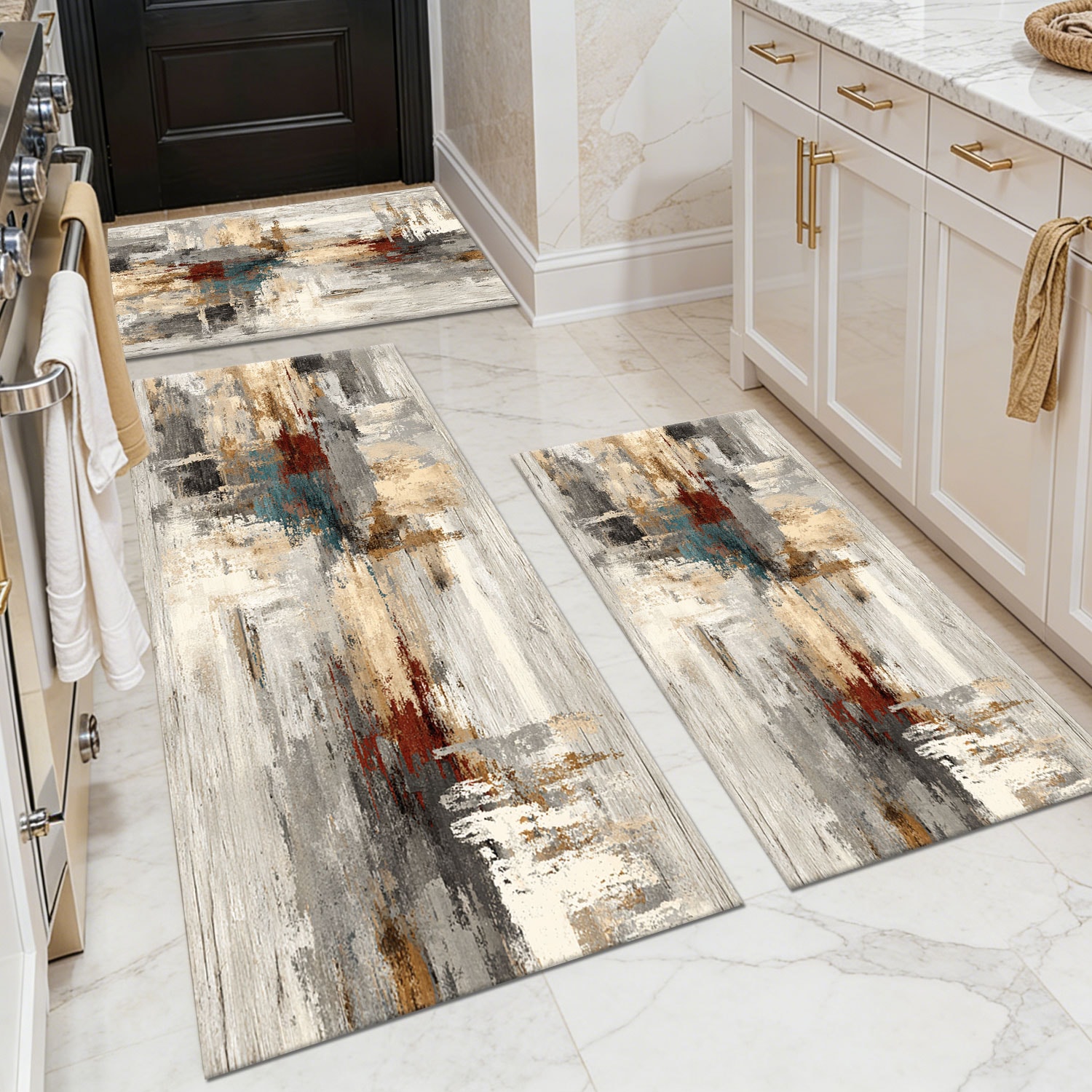 Three-piece kitchen rug set, non-slip and washable, abstract pattern kitchen hallway rug, soft and comfortable, suitable for sinks, floors, entrances, hallways and bathrooms.