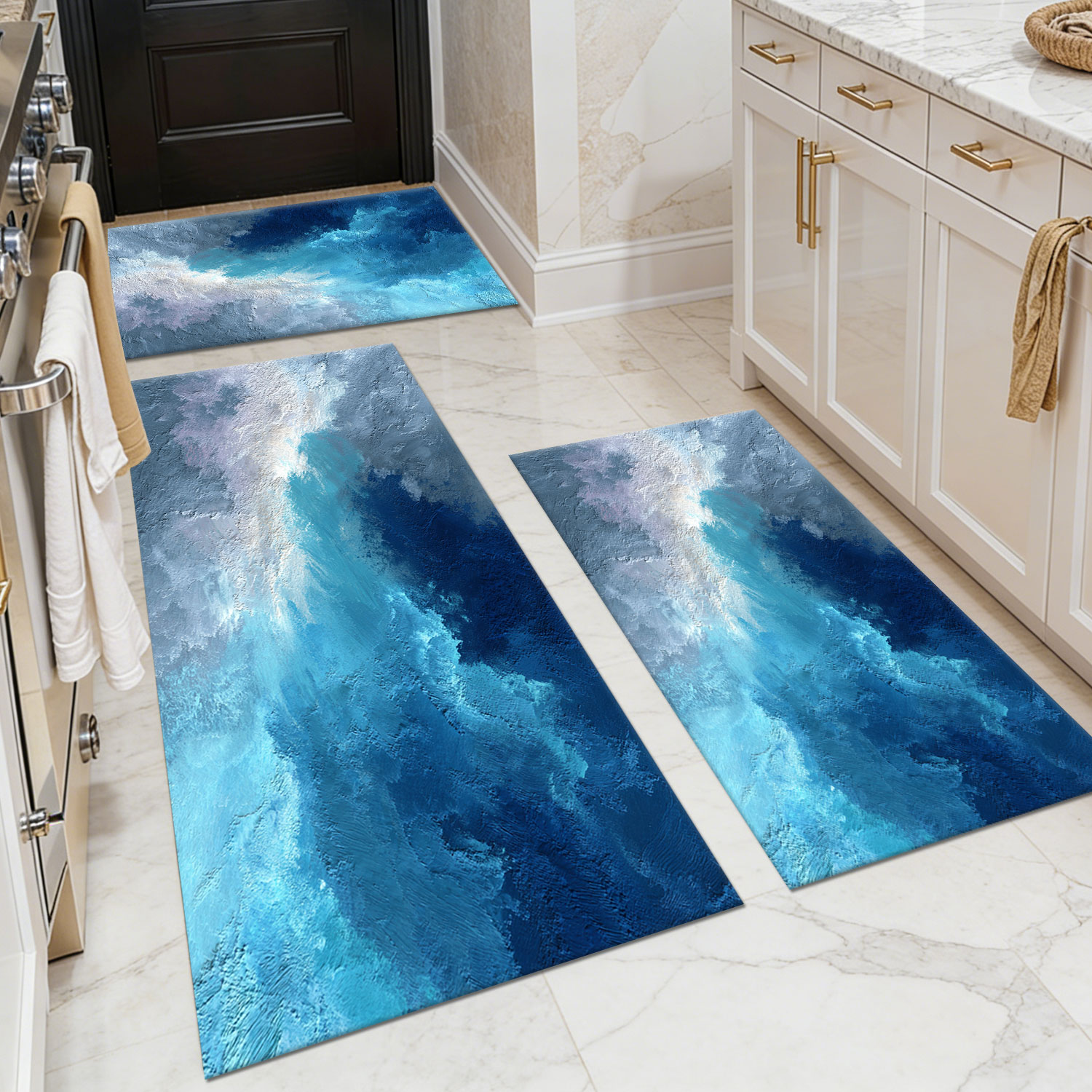 Three-piece Kitchen Rug Set, Non-slip And Washable, Abstract Pattern Kitchen Hallway Rug, Soft And Comfortable, Suitable For Sinks, Floors, Entrances, Hallways And Bathrooms._voghion.com