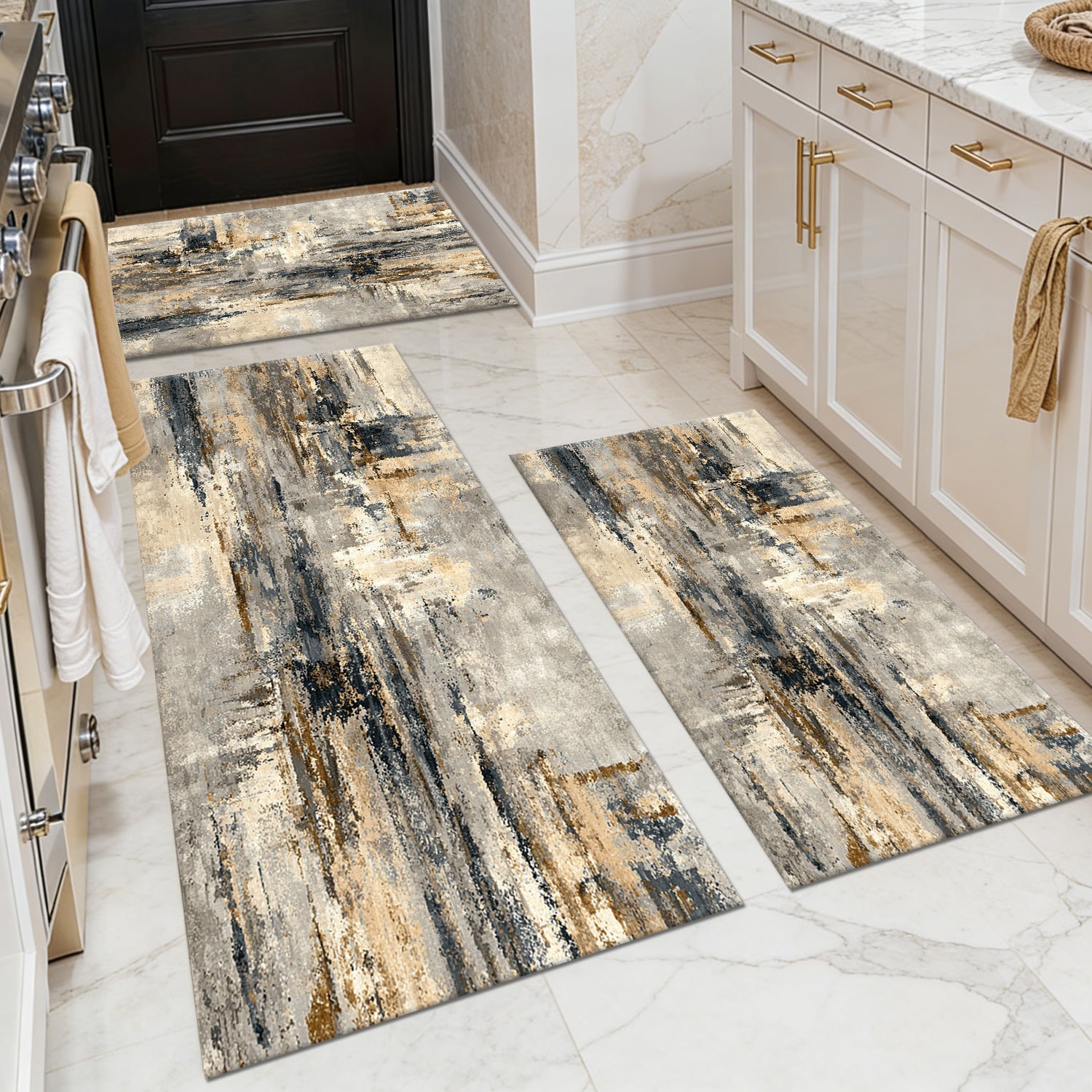 Kitchen Rug Set 3-piece Non-slip Washable Abstract Pattern Mats_voghion.com