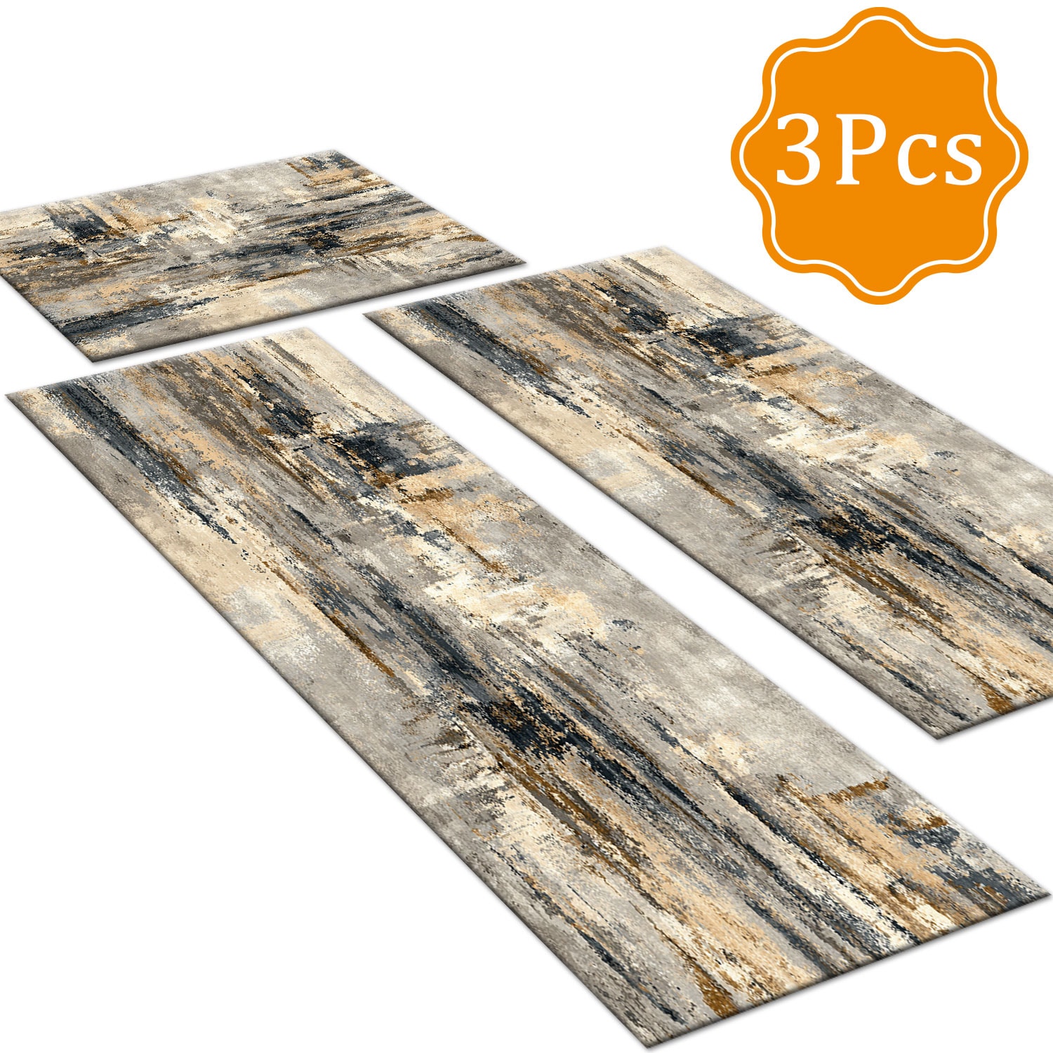 Kitchen Rug Set 3-piece Non-slip Washable Abstract Pattern Mats_voghion.com