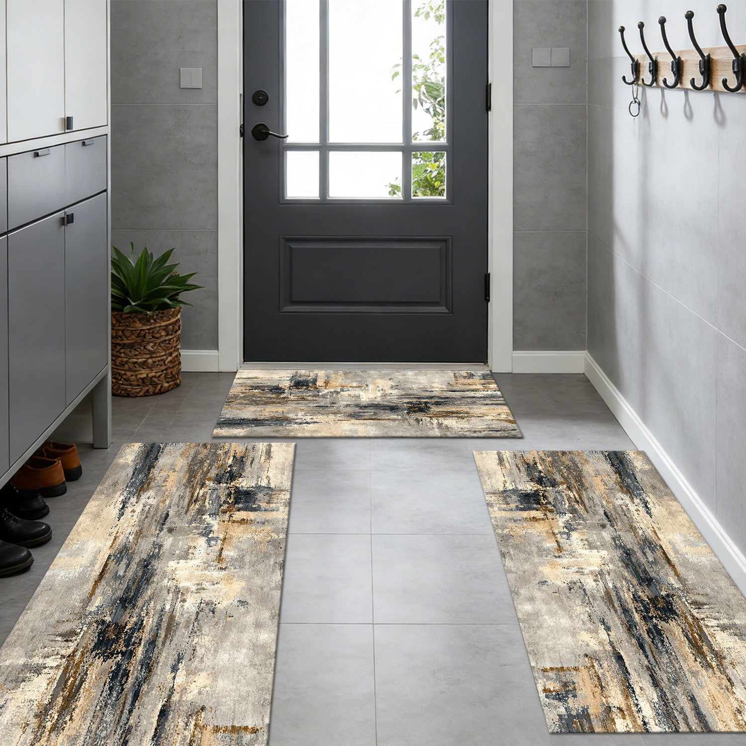 Kitchen Rug Set 3-piece Non-slip Washable Abstract Pattern Mats_voghion.com