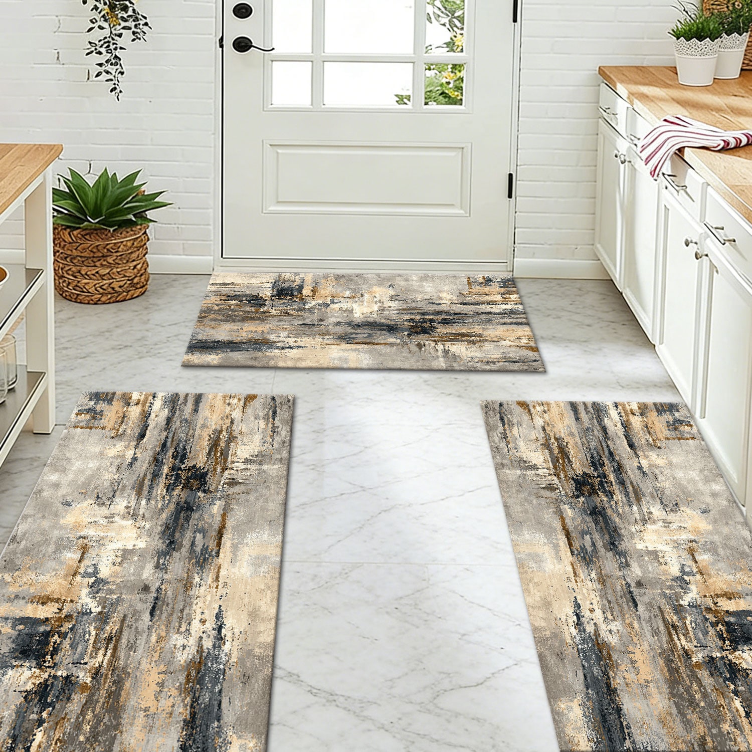 Kitchen Rug Set 3-piece Non-slip Washable Abstract Pattern Mats_voghion.com