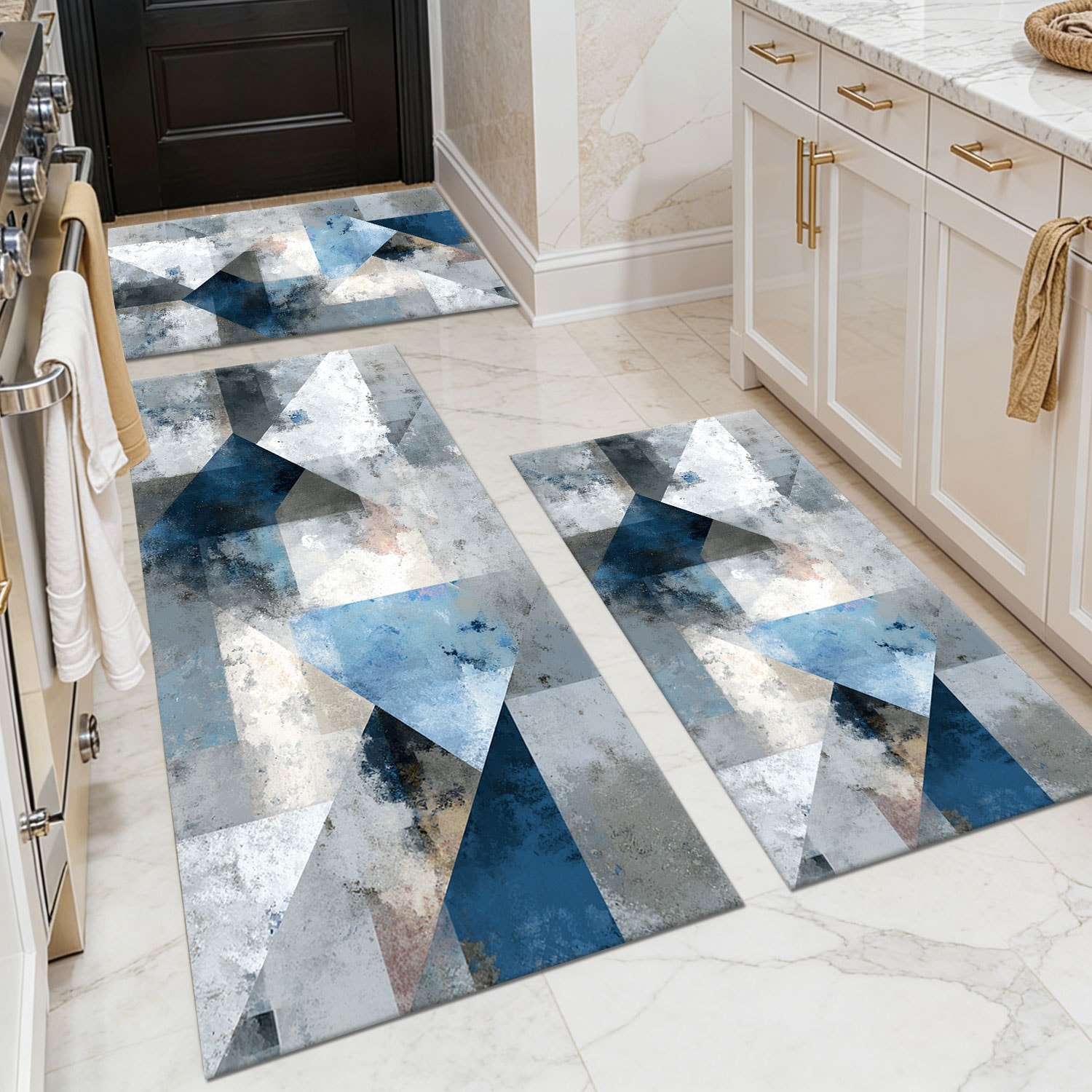 Three-piece Kitchen Rug Set, Non-slip And Washable, Abstract Pattern Kitchen Hallway Rug, Soft And Comfortable, Suitable For Sinks, Floors, Entrances, Hallways And Bathrooms._voghion.com