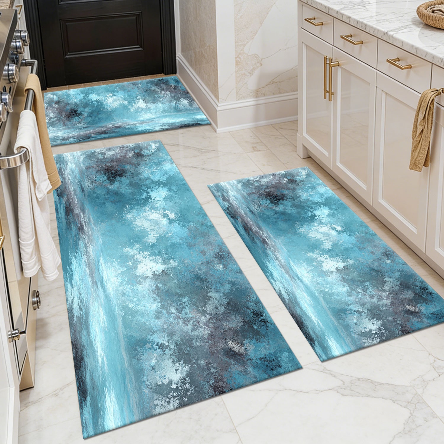Three-piece Kitchen Rug Set, Non-slip And Washable, Abstract Pattern Kitchen Hallway Rug, Soft And Comfortable, Suitable For Sinks, Floors, Entrances, Hallways And Bathrooms._voghion.com