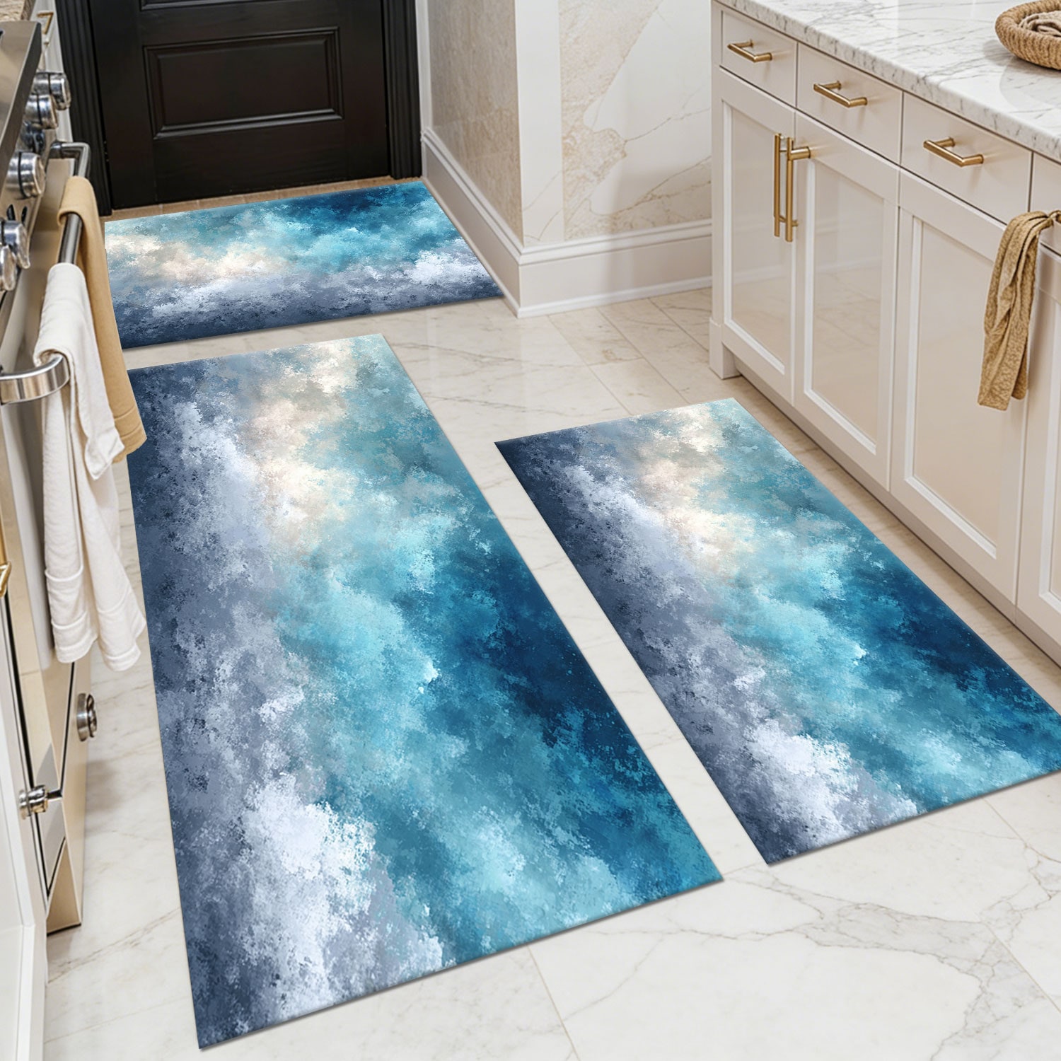 Three-piece Kitchen Rug Set, Non-slip And Washable, Abstract Pattern Kitchen Hallway Rug, Soft And Comfortable, Suitable For Sinks, Floors, Entrances, Hallways And Bathrooms._voghion.com