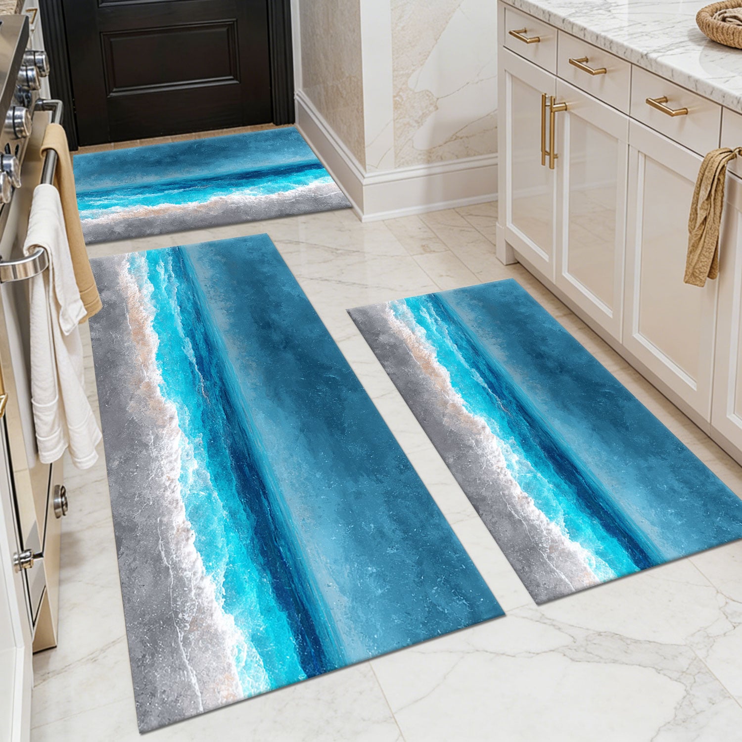 Three-piece Kitchen Rug Set, Non-slip And Washable, Abstract Pattern Kitchen Hallway Rug, Soft And Comfortable, Suitable For Sinks, Floors, Entrances, Hallways And Bathrooms._voghion.com