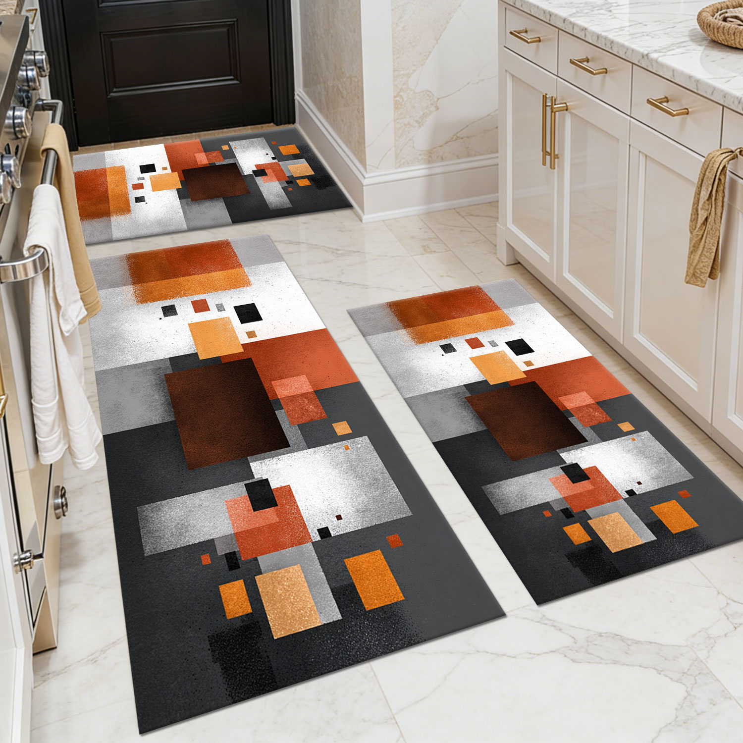 Three-piece Kitchen Rug Set, Non-slip And Washable, Abstract Pattern Kitchen Hallway Rug, Soft And Comfortable, Suitable For Sinks, Floors, Entrances, Hallways And Bathrooms._voghion.com
