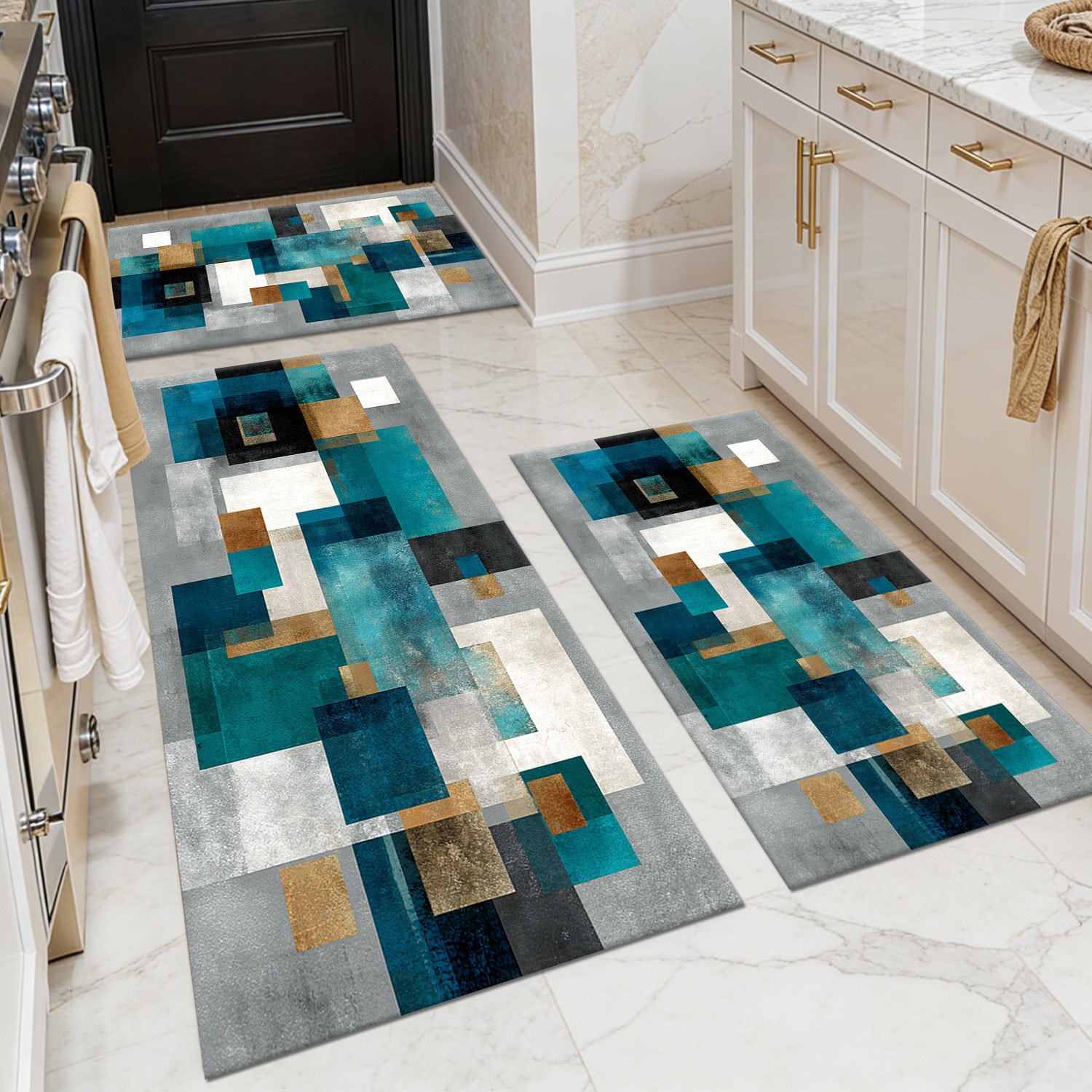 Three-piece Kitchen Rug Set, Non-slip And Washable, Abstract Pattern Kitchen Hallway Rug, Soft And Comfortable, Suitable For Sinks, Floors, Entrances, Hallways And Bathrooms._voghion.com