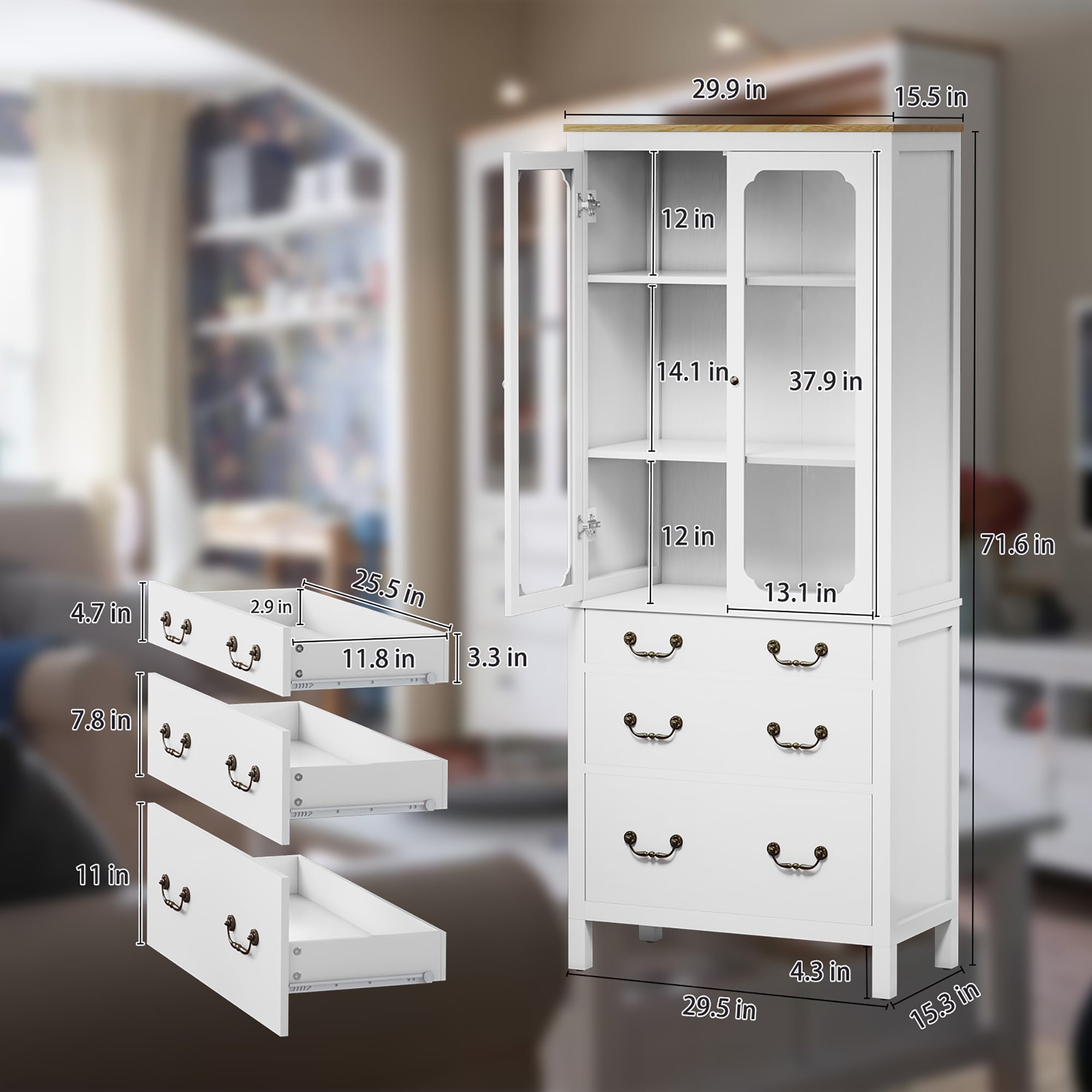 Kitchen Pantry Cabinet, Freestanding Tall Storage Cabinet, Utility Cupboard, Pantry Cabinet With Tempered Glass Doors And Adjustable Shelves For Kitchen, Living Room, Dining Room_voghion.com