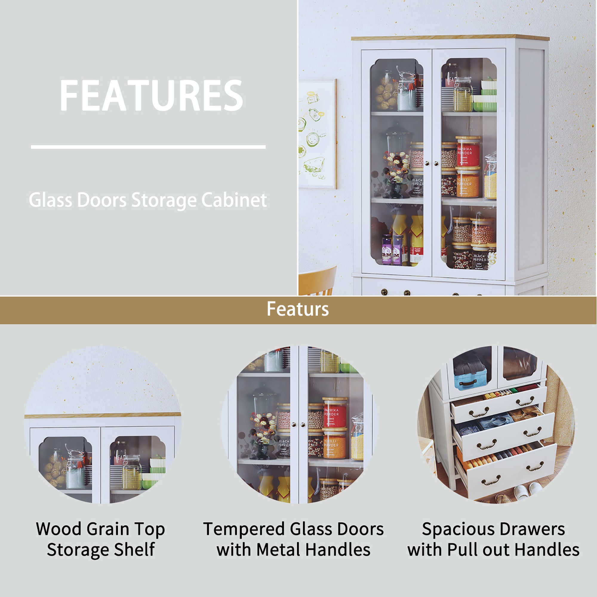 Kitchen Pantry Cabinet, Freestanding Tall Storage Cabinet, Utility Cupboard, Pantry Cabinet With Tempered Glass Doors And Adjustable Shelves For Kitchen, Living Room, Dining Room_voghion.com
