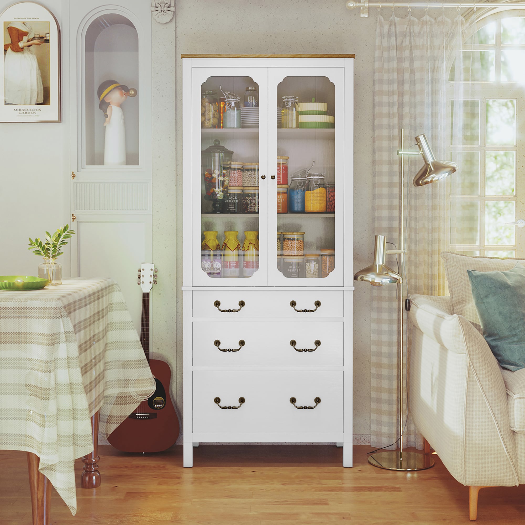 Kitchen Pantry Cabinet, Freestanding Tall Storage Cabinet, Utility Cupboard, Pantry Cabinet With Tempered Glass Doors And Adjustable Shelves For Kitchen, Living Room, Dining Room_voghion.com