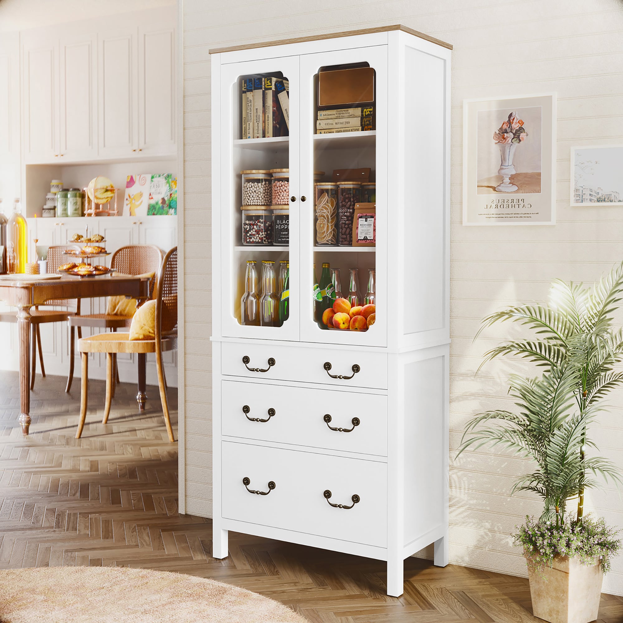 Kitchen Pantry Cabinet, Freestanding Tall Storage Cabinet, Utility Cupboard, Pantry Cabinet With Tempered Glass Doors And Adjustable Shelves For Kitchen, Living Room, Dining Room_voghion.com