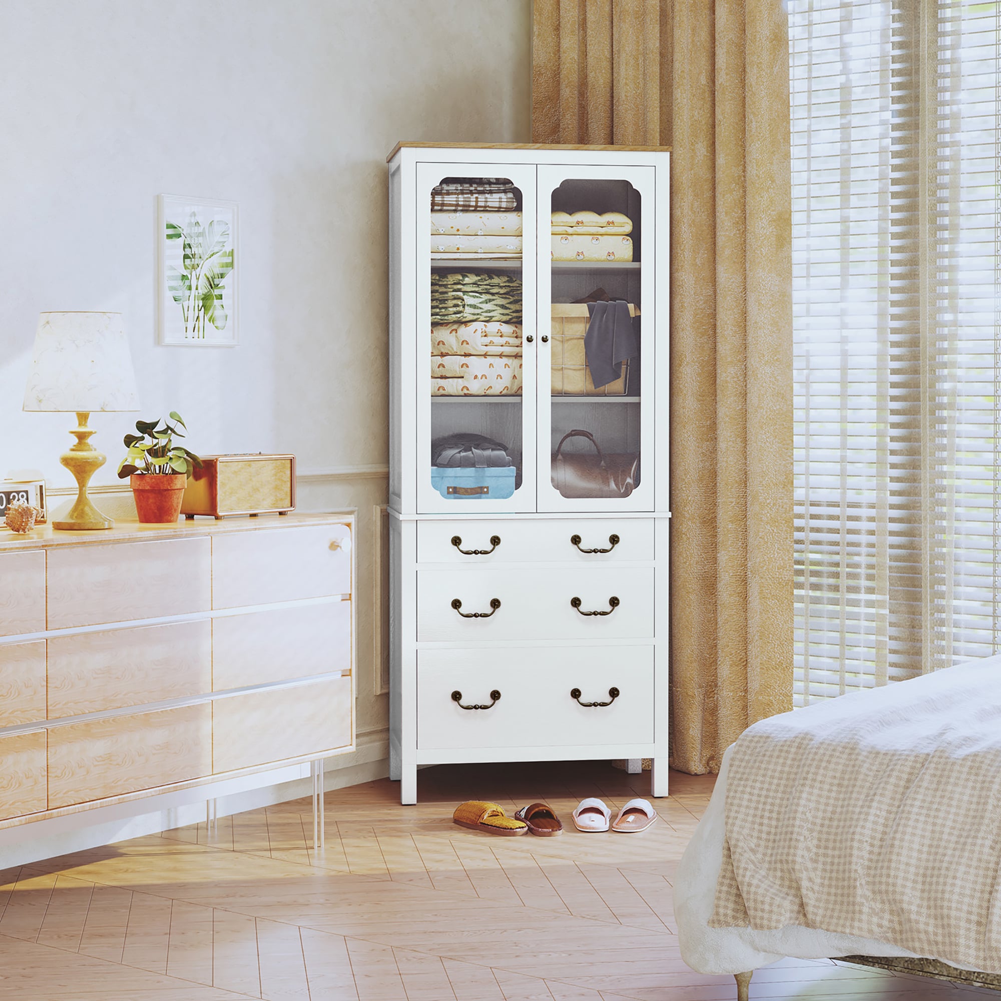 Kitchen Pantry Cabinet, Freestanding Tall Storage Cabinet, Utility Cupboard, Pantry Cabinet With Tempered Glass Doors And Adjustable Shelves For Kitchen, Living Room, Dining Room_voghion.com