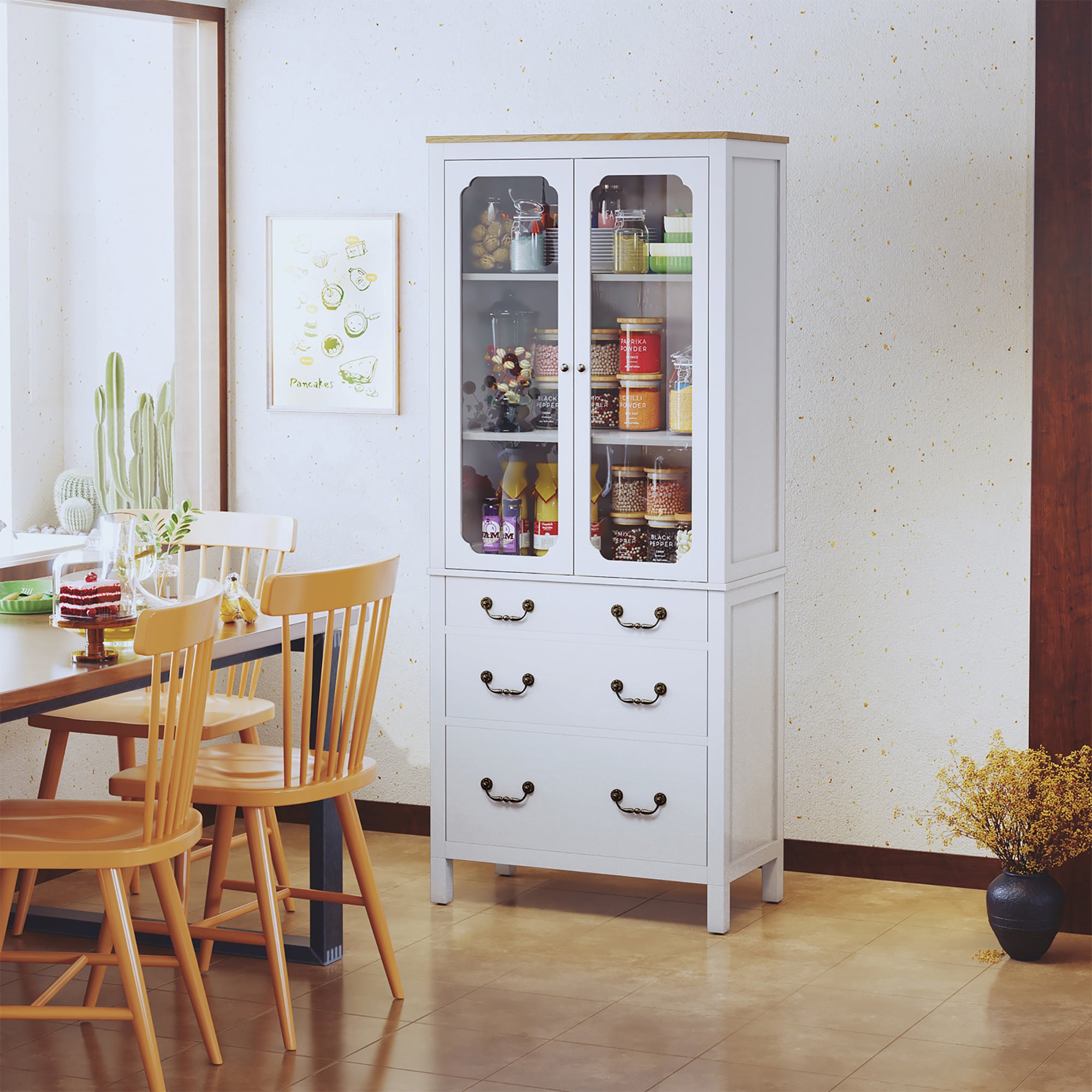 Kitchen Pantry Cabinet, Freestanding Tall Storage Cabinet, Utility Cupboard, Pantry Cabinet With Tempered Glass Doors And Adjustable Shelves For Kitchen, Living Room, Dining Room_voghion.com