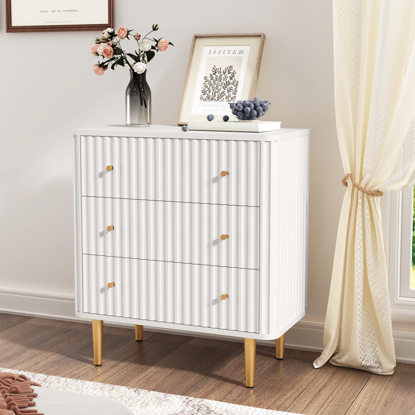 Modern 3 Drawer Dresser for Bedroom, Storage Chest of Drawers, White Wood Dresser Organizer with Fluted Texture, Accent Storage Dresser Cabinet for Living Room, Closet, Hallway Modern 3 Drawer Dresser for Bedroom, Storage Chest of Drawers, White Wood Dresser Organizer with Fluted Texture, Accent Storage Dresser Cabinet for Living Room, Closet, Hallway