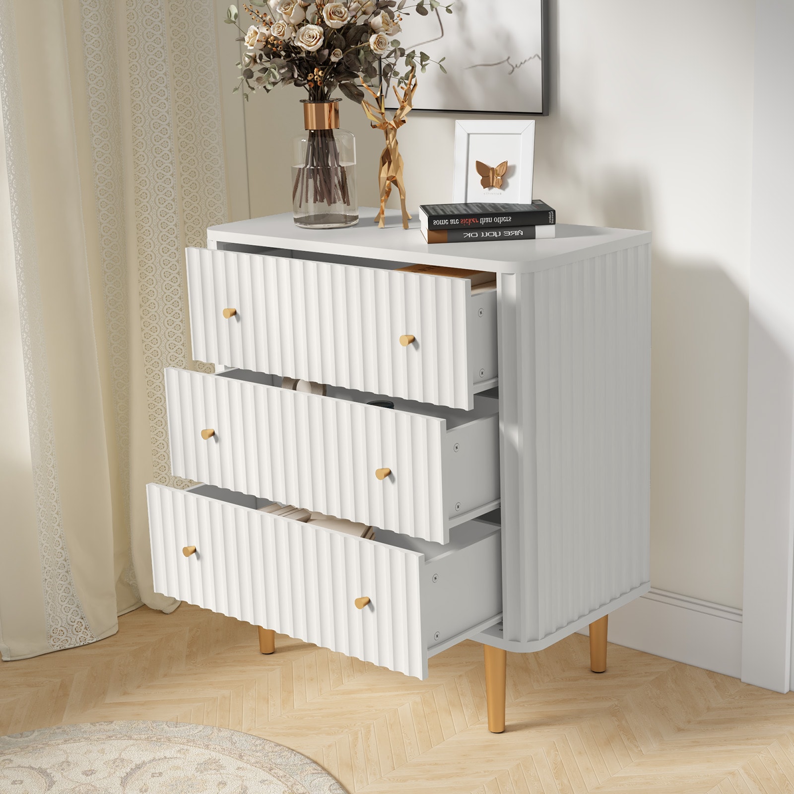 Modern 3 Drawer Dresser for Bedroom, Storage Chest of Drawers, White Wood Dresser Organizer with Fluted Texture, Accent Storage Dresser Cabinet for Living Room, Closet, Hallway Modern 3 Drawer Dresser for Bedroom, Storage Chest of Drawers, White Wood Dresser Organizer with Fluted Texture, Accent Storage Dresser Cabinet for Living Room, Closet, Hallway