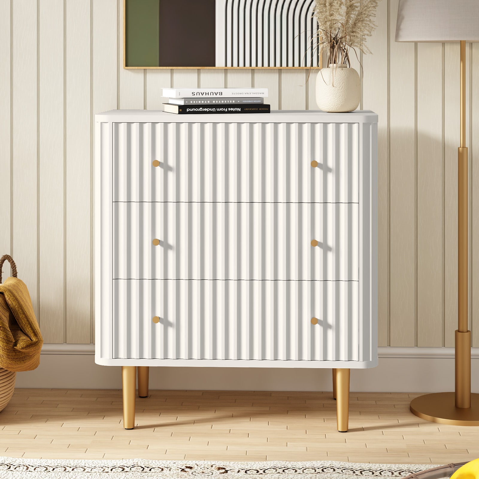 Modern 3 Drawer Dresser for Bedroom, Storage Chest of Drawers, White Wood Dresser Organizer with Fluted Texture, Accent Storage Dresser Cabinet for Living Room, Closet, Hallway Modern 3 Drawer Dresser for Bedroom, Storage Chest of Drawers, White Wood Dresser Organizer with Fluted Texture, Accent Storage Dresser Cabinet for Living Room, Closet, Hallway