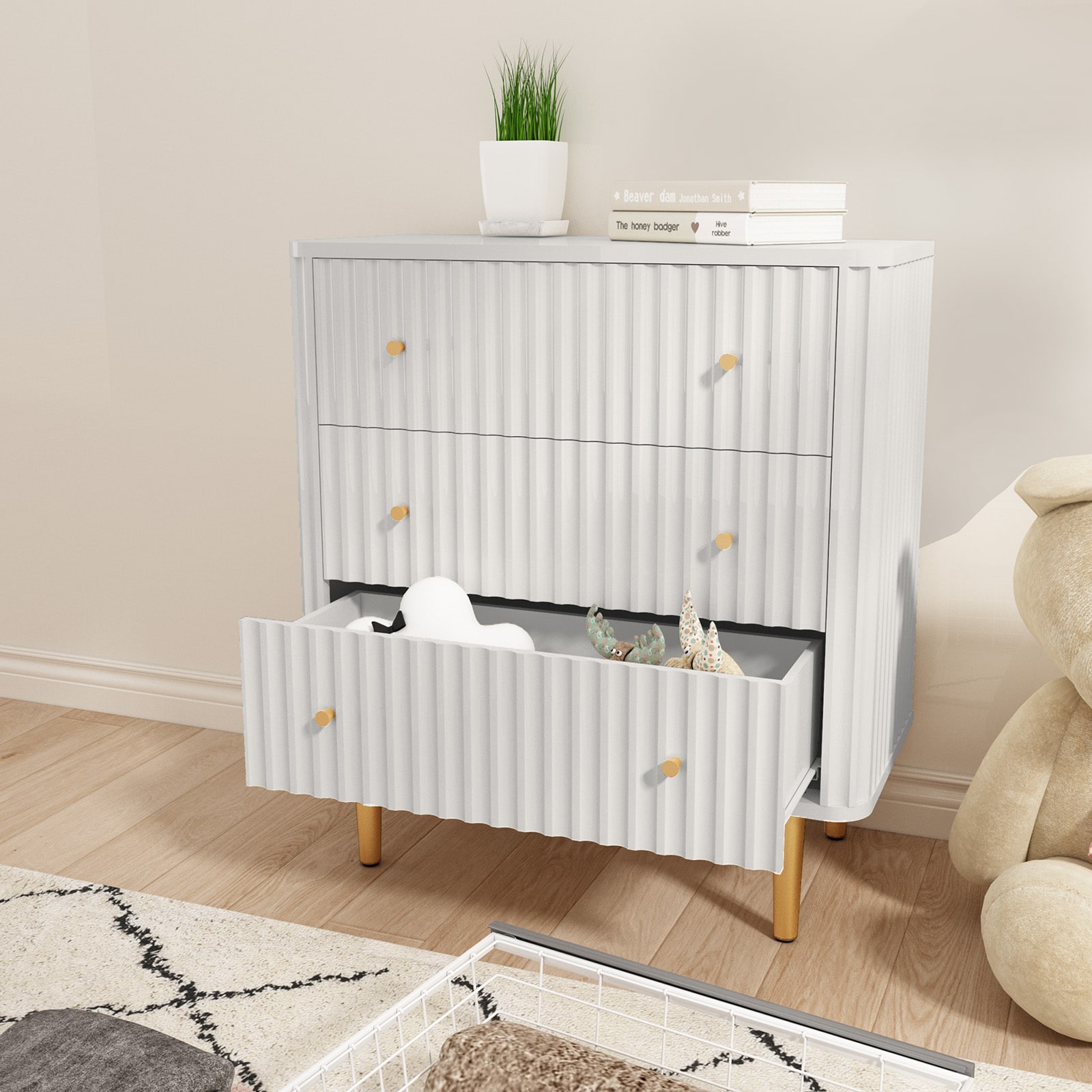 Modern 3 Drawer Dresser for Bedroom, Storage Chest of Drawers, White Wood Dresser Organizer with Fluted Texture, Accent Storage Dresser Cabinet for Living Room, Closet, Hallway Modern 3 Drawer Dresser for Bedroom, Storage Chest of Drawers, White Wood Dresser Organizer with Fluted Texture, Accent Storage Dresser Cabinet for Living Room, Closet, Hallway