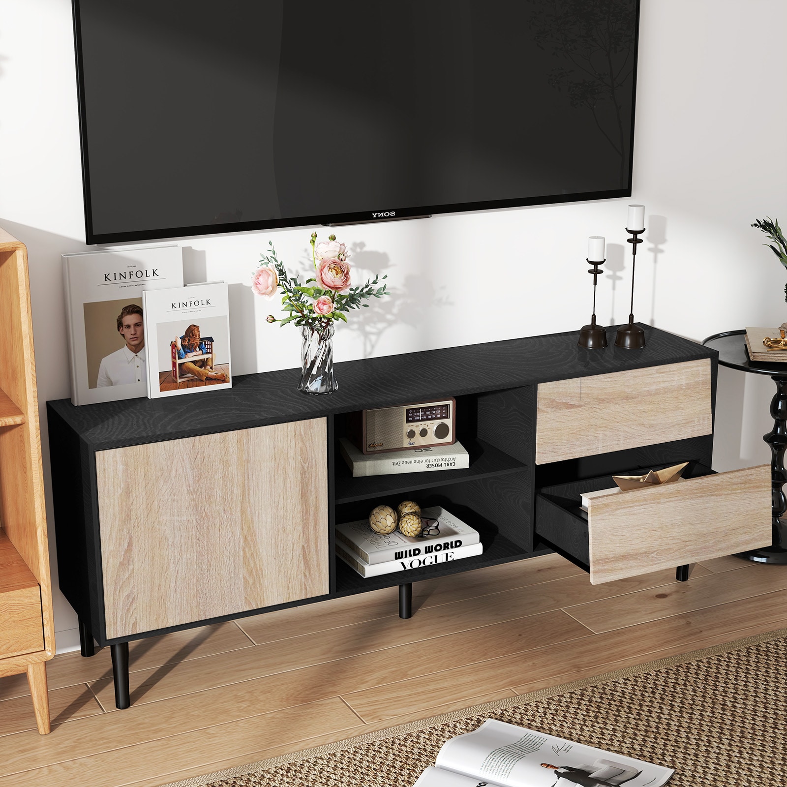 TV Stand up to 70+ inch, Mid Century Modern Entertainment Center with 2 Drawers, Television Stands with Storage Cabinet, Wood Media Console for Living Room, Office, Oak TV Stand up to 70+ inch, Mid Century Modern Entertainment Center with 2 Drawers, Television Stands with Storage Cabinet, Wood Media Console for Living Room, Office, Oak