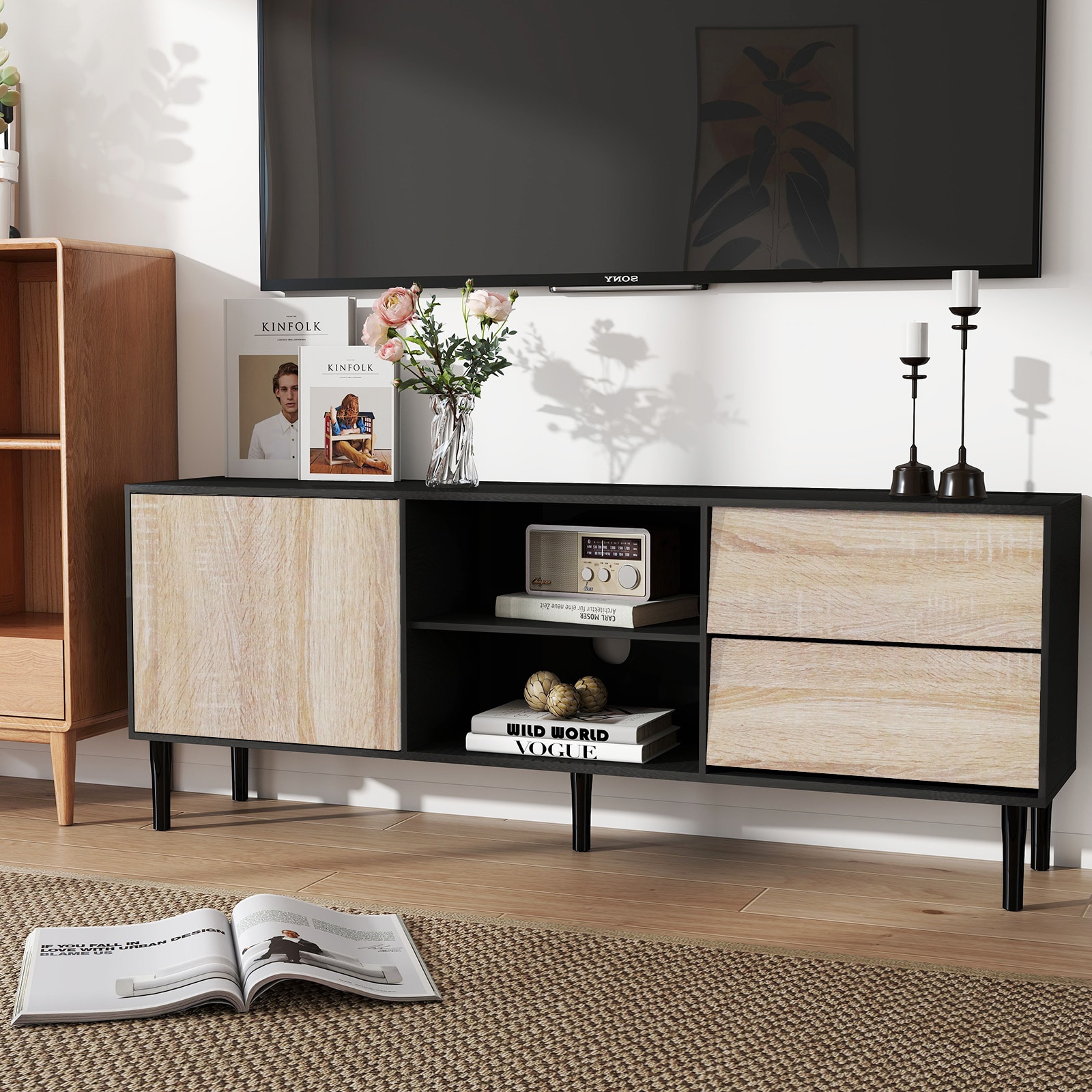 TV Stand up to 70+ inch, Mid Century Modern Entertainment Center with 2 Drawers, Television Stands with Storage Cabinet, Wood Media Console for Living Room, Office, Oak TV Stand up to 70+ inch, Mid Century Modern Entertainment Center with 2 Drawers, Television Stands with Storage Cabinet, Wood Media Console for Living Room, Office, Oak