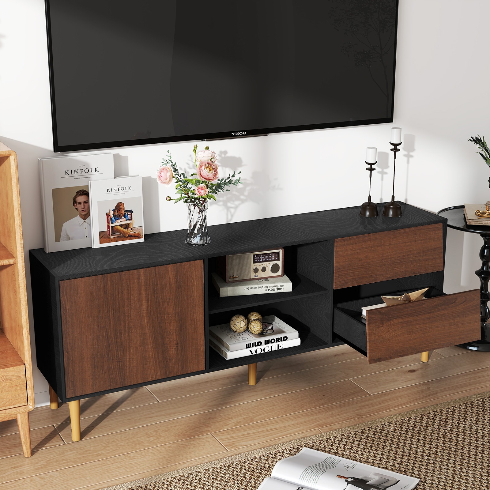TV Stand up to 70+ inch, Mid Century Modern Television Stands with 2 Drawers, Entertainment Center with Storage Cabinet, Wood Media Console for Living Room, Brown TV Stand up to 70+ inch, Mid Century Modern Television Stands with 2 Drawers, Entertainment Center with Storage Cabinet, Wood Media Console for Living Room, Brown