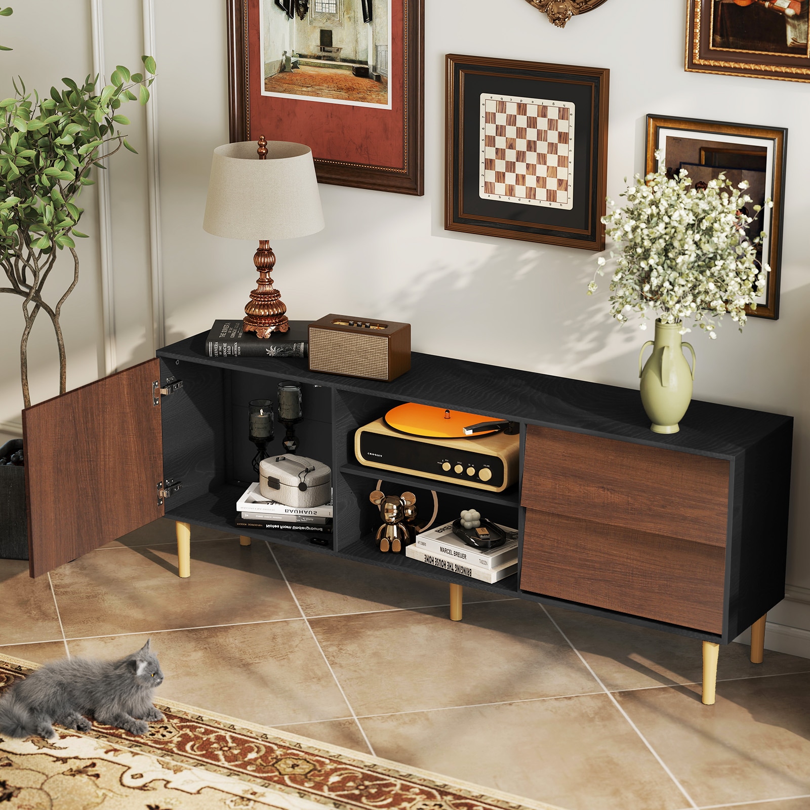 TV Stand up to 70+ inch, Mid Century Modern Television Stands with 2 Drawers, Entertainment Center with Storage Cabinet, Wood Media Console for Living Room, Brown TV Stand up to 70+ inch, Mid Century Modern Television Stands with 2 Drawers, Entertainment Center with Storage Cabinet, Wood Media Console for Living Room, Brown