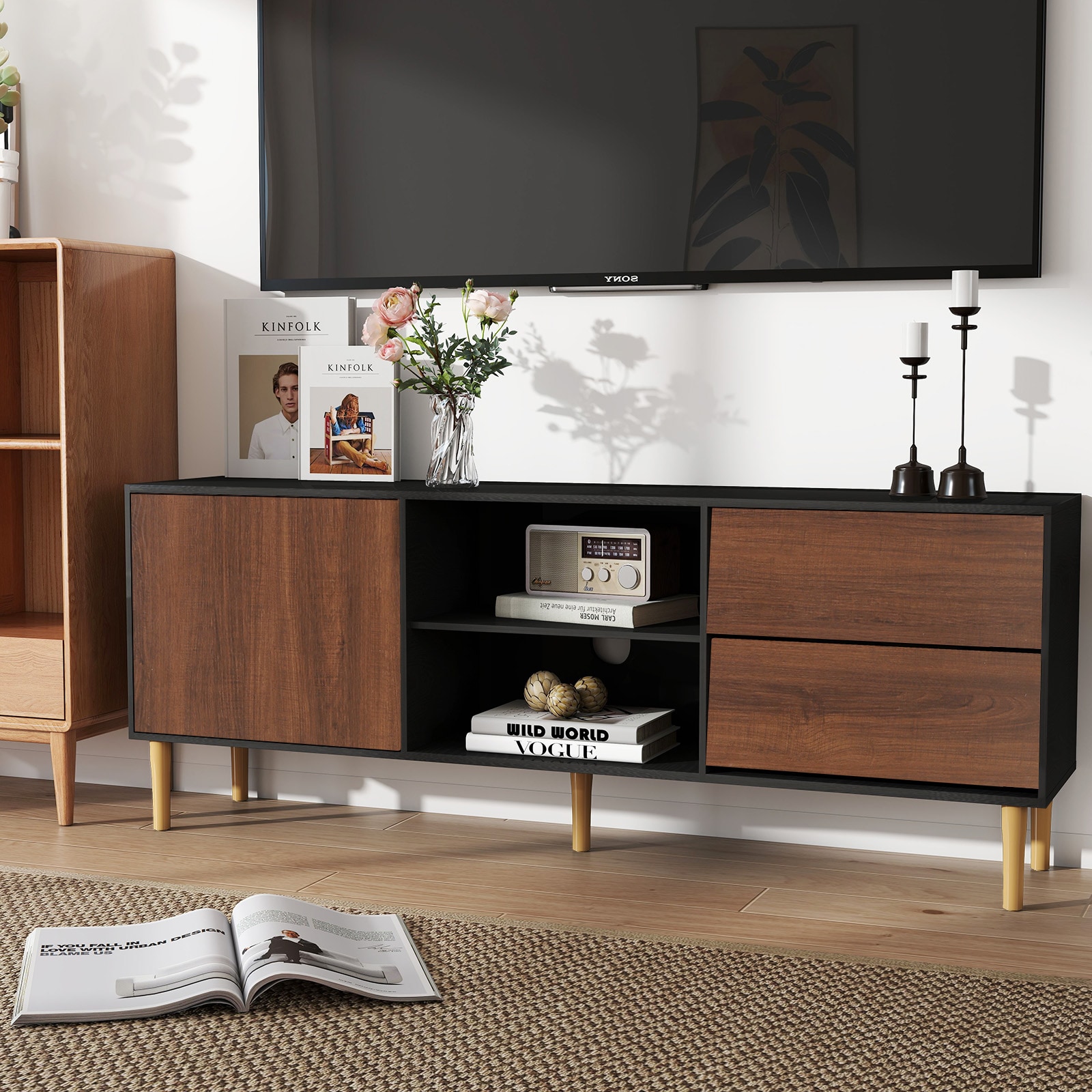 TV Stand up to 70+ inch, Mid Century Modern Television Stands with 2 Drawers, Entertainment Center with Storage Cabinet, Wood Media Console for Living Room, Brown TV Stand up to 70+ inch, Mid Century Modern Television Stands with 2 Drawers, Entertainment Center with Storage Cabinet, Wood Media Console for Living Room, Brown