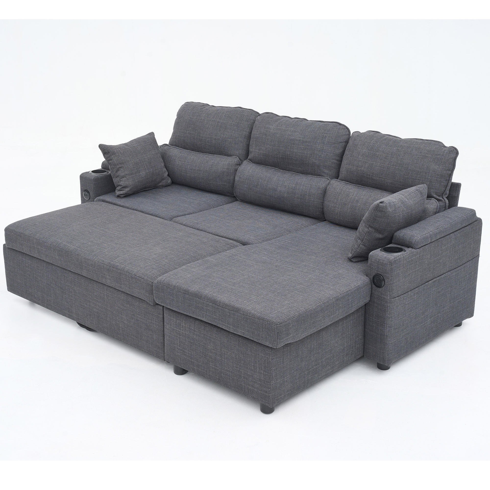 Convertible Sleeper Sofa 2 in 1, L-Shaped Couches for Living Room, Pull Out Sectional Futon Sofa Bed with Storage Space, USB Ports and Cup Holders for Bedroom, (Dark Gray) Convertible Sleeper Sofa 2 in 1, L-Shaped Couches for Living Room, Pull Out Sectional Futon Sofa Bed with Storage Space, USB Ports and Cup Holders for Bedroom, (Dark Gray)