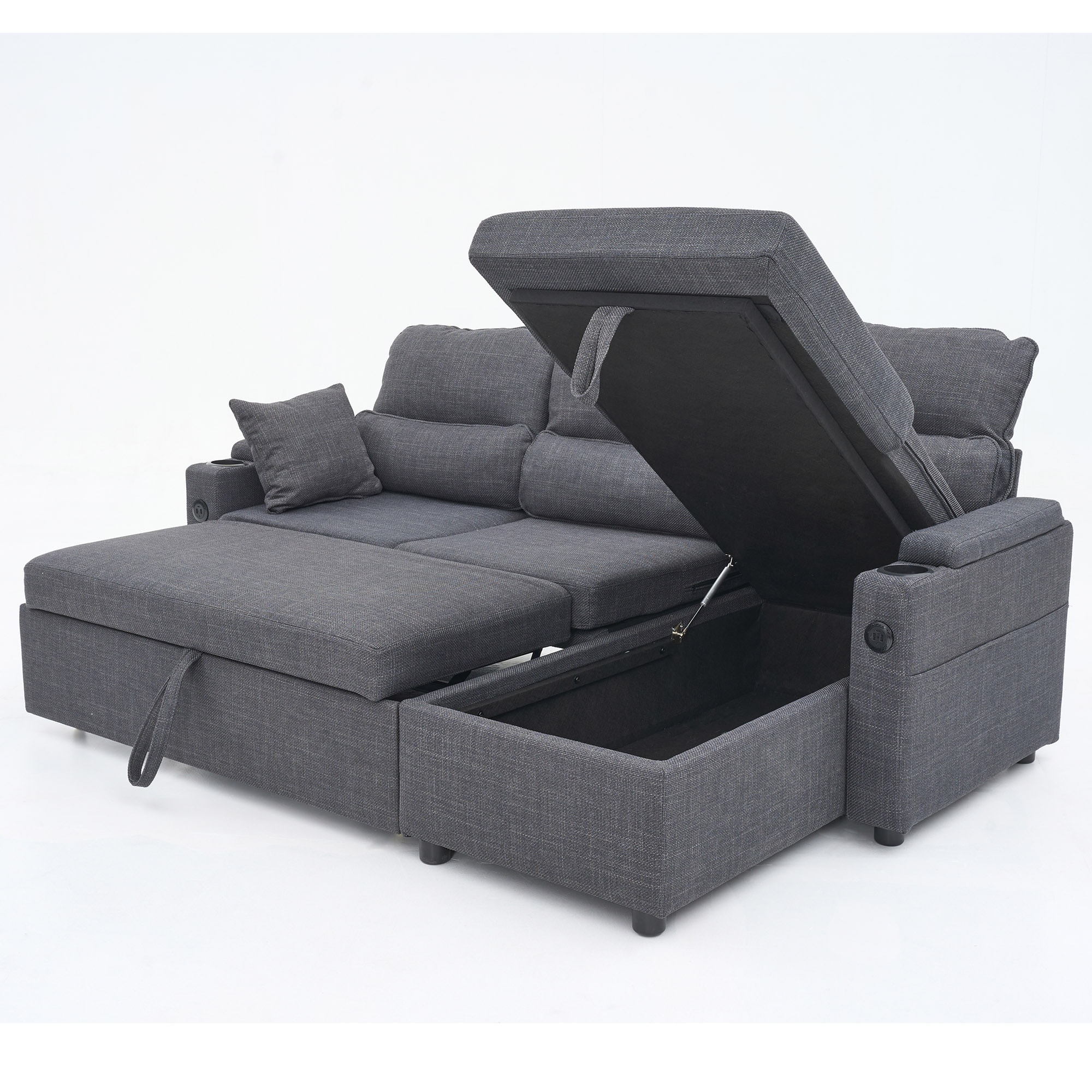 Convertible Sleeper Sofa 2 in 1, L-Shaped Couches for Living Room, Pull Out Sectional Futon Sofa Bed with Storage Space, USB Ports and Cup Holders for Bedroom, (Dark Gray) Convertible Sleeper Sofa 2 in 1, L-Shaped Couches for Living Room, Pull Out Sectional Futon Sofa Bed with Storage Space, USB Ports and Cup Holders for Bedroom, (Dark Gray)