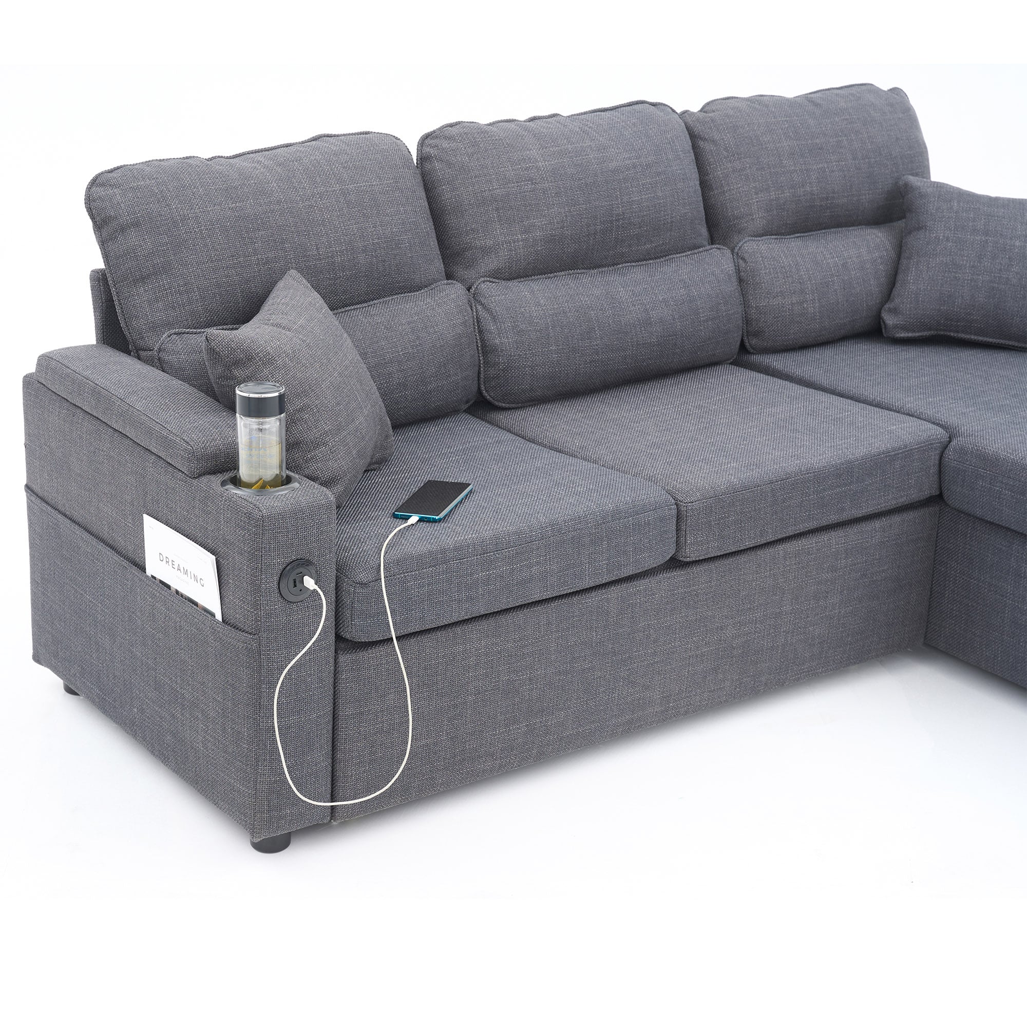Convertible Sleeper Sofa 2 in 1, L-Shaped Couches for Living Room, Pull Out Sectional Futon Sofa Bed with Storage Space, USB Ports and Cup Holders for Bedroom, (Dark Gray) Convertible Sleeper Sofa 2 in 1, L-Shaped Couches for Living Room, Pull Out Sectional Futon Sofa Bed with Storage Space, USB Ports and Cup Holders for Bedroom, (Dark Gray)