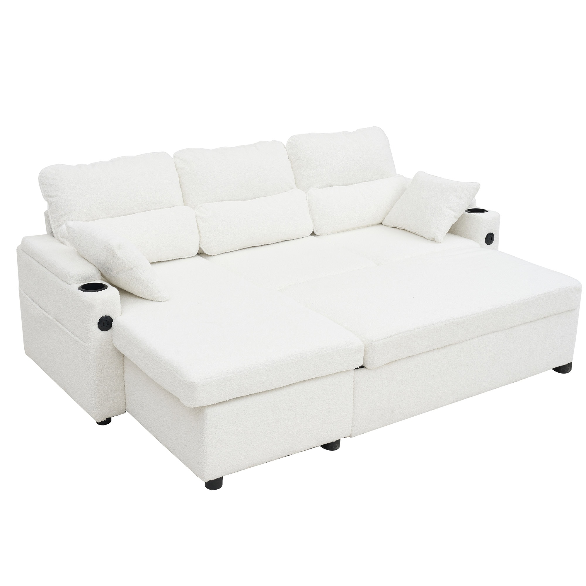 Convertible Sleeper Sofa 2 in 1, L-Shaped Couches for Living Room, Pull Out Sectional Futon Sofa Bed with Storage Space, USB Ports and Cup Holders for Bedroom(White) Convertible Sleeper Sofa 2 in 1, L-Shaped Couches for Living Room, Pull Out Sectional Futon Sofa Bed with Storage Space, USB Ports and Cup Holders for Bedroom(White)