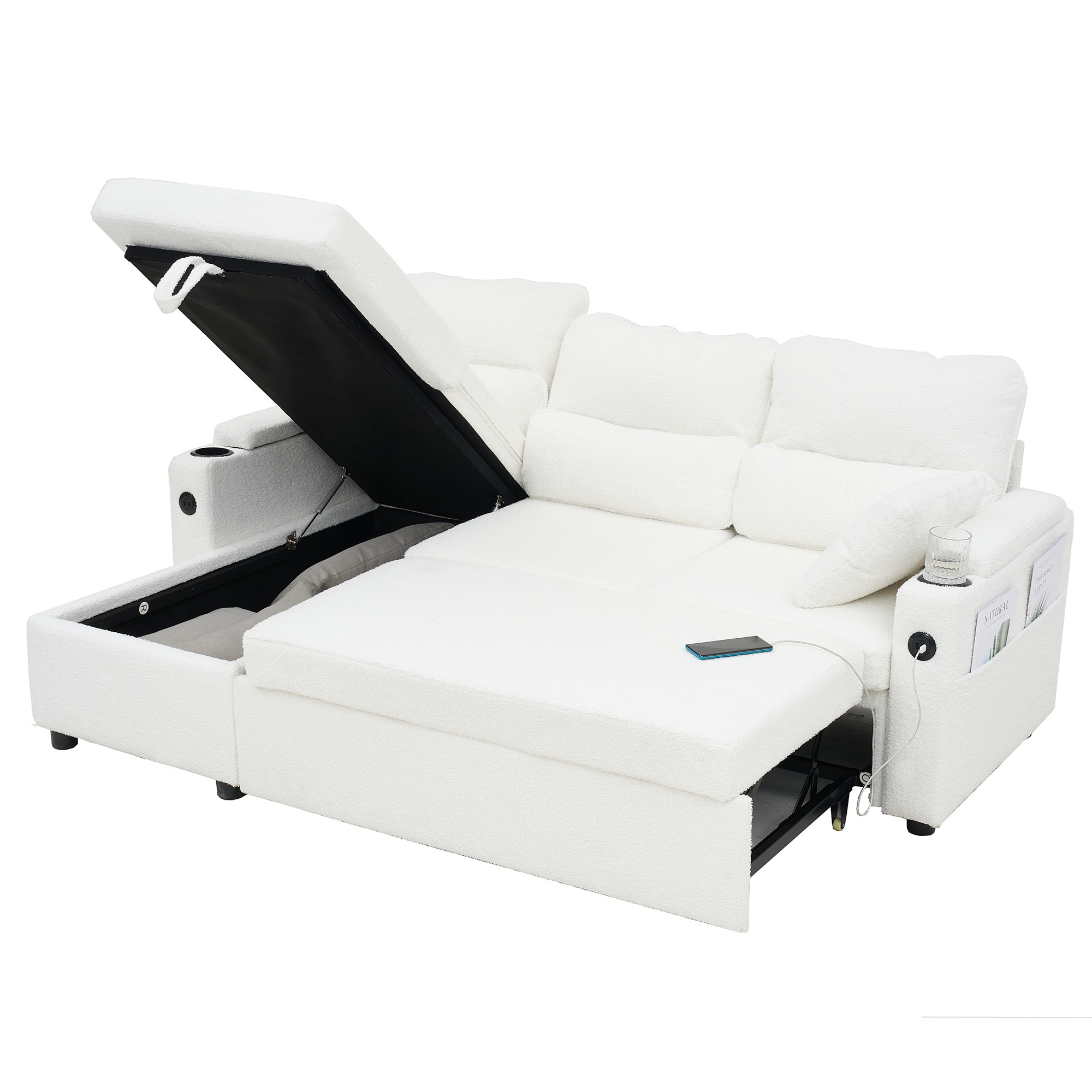 Convertible Sleeper Sofa 2 in 1, L-Shaped Couches for Living Room, Pull Out Sectional Futon Sofa Bed with Storage Space, USB Ports and Cup Holders for Bedroom(White) Convertible Sleeper Sofa 2 in 1, L-Shaped Couches for Living Room, Pull Out Sectional Futon Sofa Bed with Storage Space, USB Ports and Cup Holders for Bedroom(White)