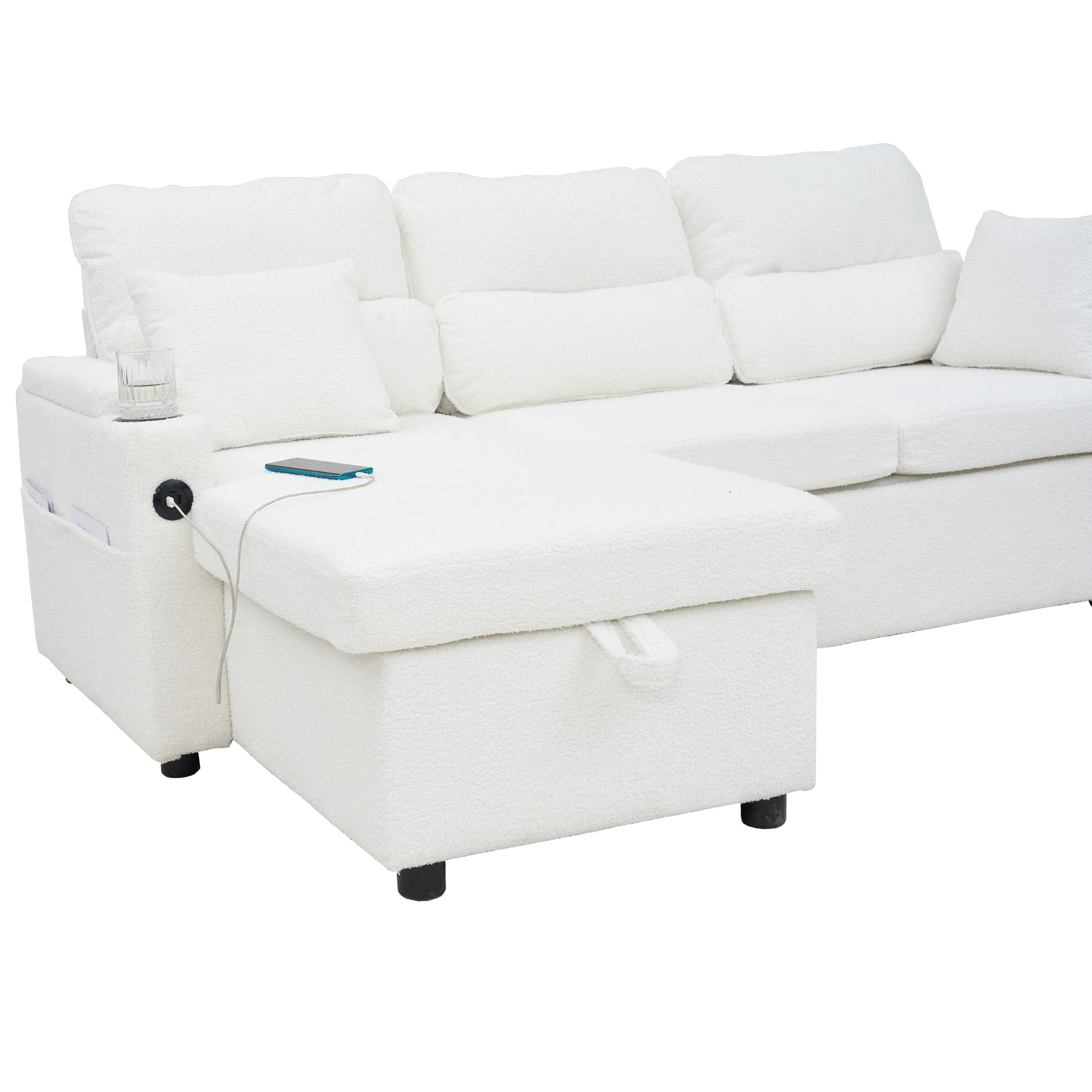 Convertible Sleeper Sofa 2 in 1, L-Shaped Couches for Living Room, Pull Out Sectional Futon Sofa Bed with Storage Space, USB Ports and Cup Holders for Bedroom(White) Convertible Sleeper Sofa 2 in 1, L-Shaped Couches for Living Room, Pull Out Sectional Futon Sofa Bed with Storage Space, USB Ports and Cup Holders for Bedroom(White)