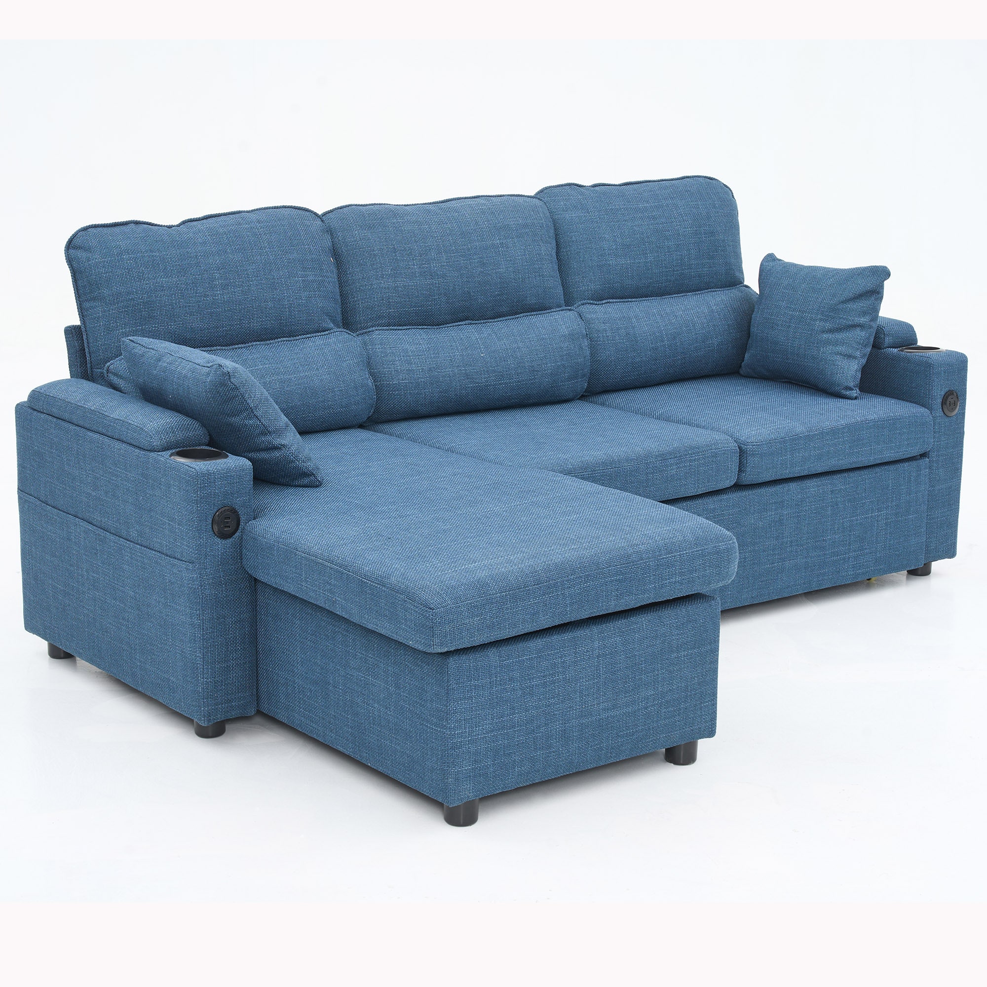 Convertible Sleeper Sofa 2 in 1, L-Shaped Couches for Living Room, Pull Out Sectional Futon Sofa Bed with Storage Space, USB Ports and Cup Holders for Bedroom(Blue) Convertible Sleeper Sofa 2 in 1, L-Shaped Couches for Living Room, Pull Out Sectional Futon Sofa Bed with Storage Space, USB Ports and Cup Holders for Bedroom(Blue)