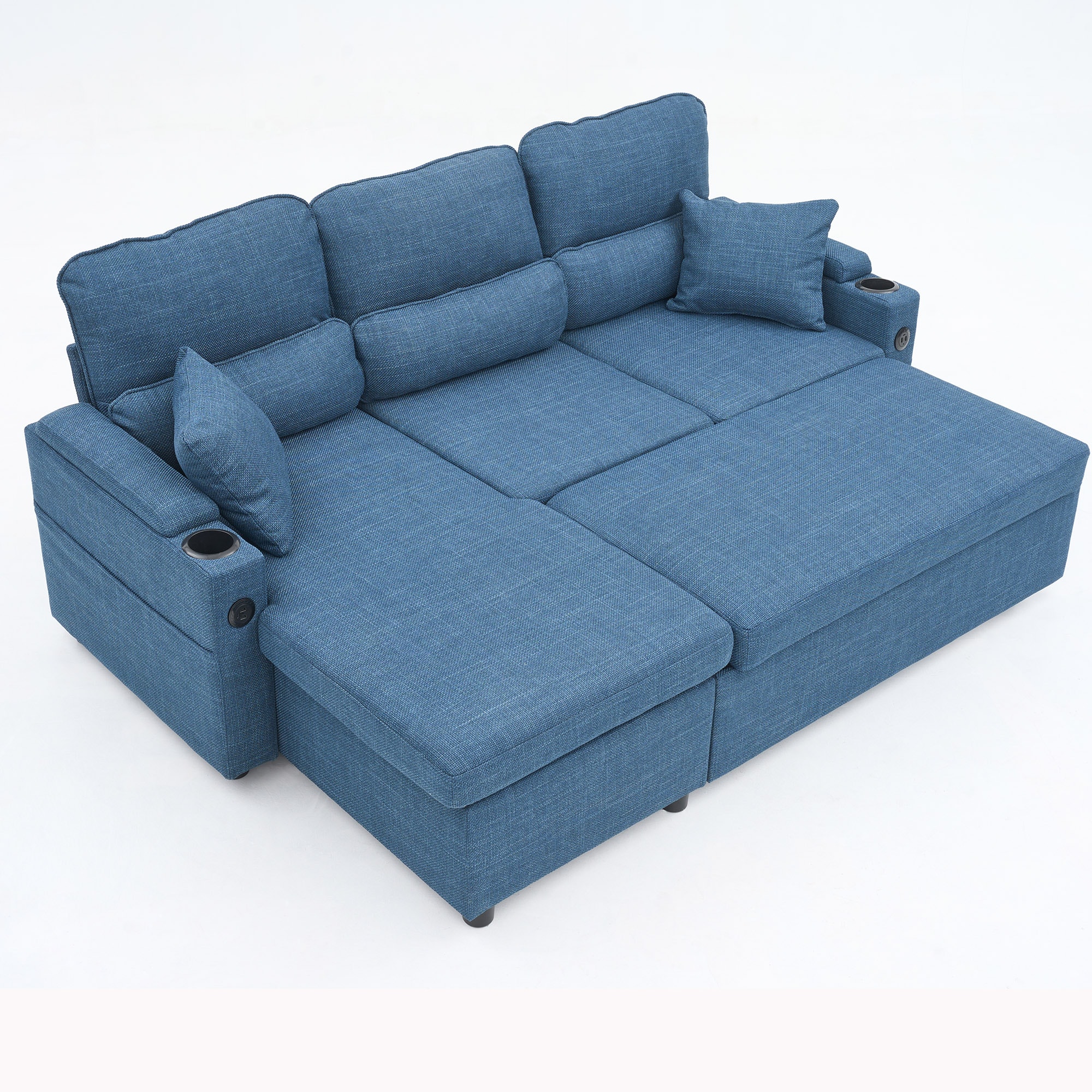 Convertible Sleeper Sofa 2 in 1, L-Shaped Couches for Living Room, Pull Out Sectional Futon Sofa Bed with Storage Space, USB Ports and Cup Holders for Bedroom(Blue) Convertible Sleeper Sofa 2 in 1, L-Shaped Couches for Living Room, Pull Out Sectional Futon Sofa Bed with Storage Space, USB Ports and Cup Holders for Bedroom(Blue)