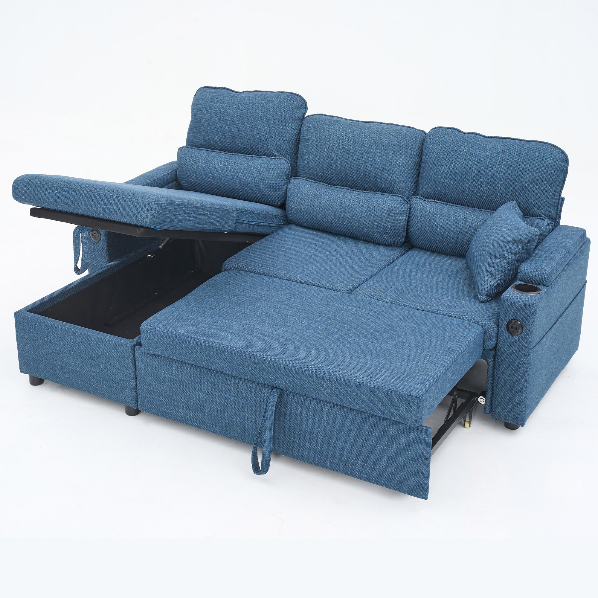 Convertible Sleeper Sofa 2 in 1, L-Shaped Couches for Living Room, Pull Out Sectional Futon Sofa Bed with Storage Space, USB Ports and Cup Holders for Bedroom(Blue) Convertible Sleeper Sofa 2 in 1, L-Shaped Couches for Living Room, Pull Out Sectional Futon Sofa Bed with Storage Space, USB Ports and Cup Holders for Bedroom(Blue)