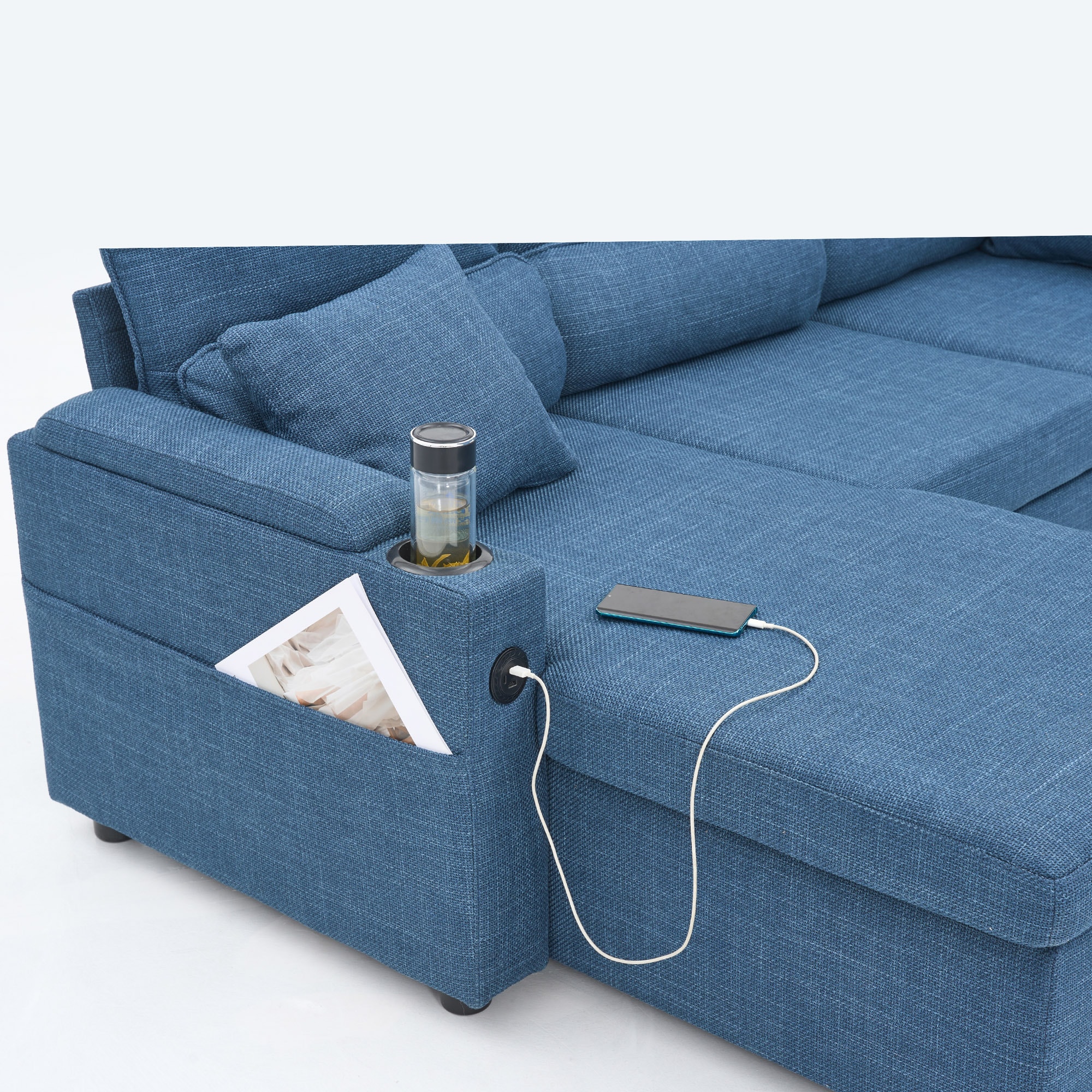 Convertible Sleeper Sofa 2 in 1, L-Shaped Couches for Living Room, Pull Out Sectional Futon Sofa Bed with Storage Space, USB Ports and Cup Holders for Bedroom(Blue) Convertible Sleeper Sofa 2 in 1, L-Shaped Couches for Living Room, Pull Out Sectional Futon Sofa Bed with Storage Space, USB Ports and Cup Holders for Bedroom(Blue)
