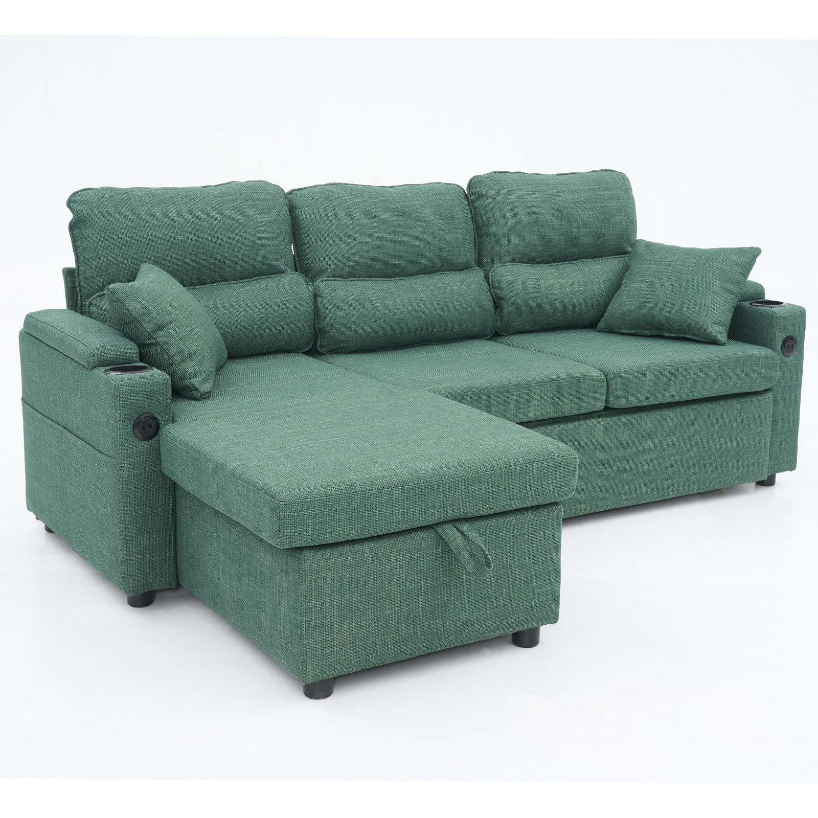 Convertible Sleeper Sofa 2 in 1, L-Shaped Couches for Living Room, Pull Out Sectional Futon Sofa Bed with Storage Space, USB Ports and Cup Holders for Bedroom(Green) Convertible Sleeper Sofa 2 in 1, L-Shaped Couches for Living Room, Pull Out Sectional Futon Sofa Bed with Storage Space, USB Ports and Cup Holders for Bedroom(Green)