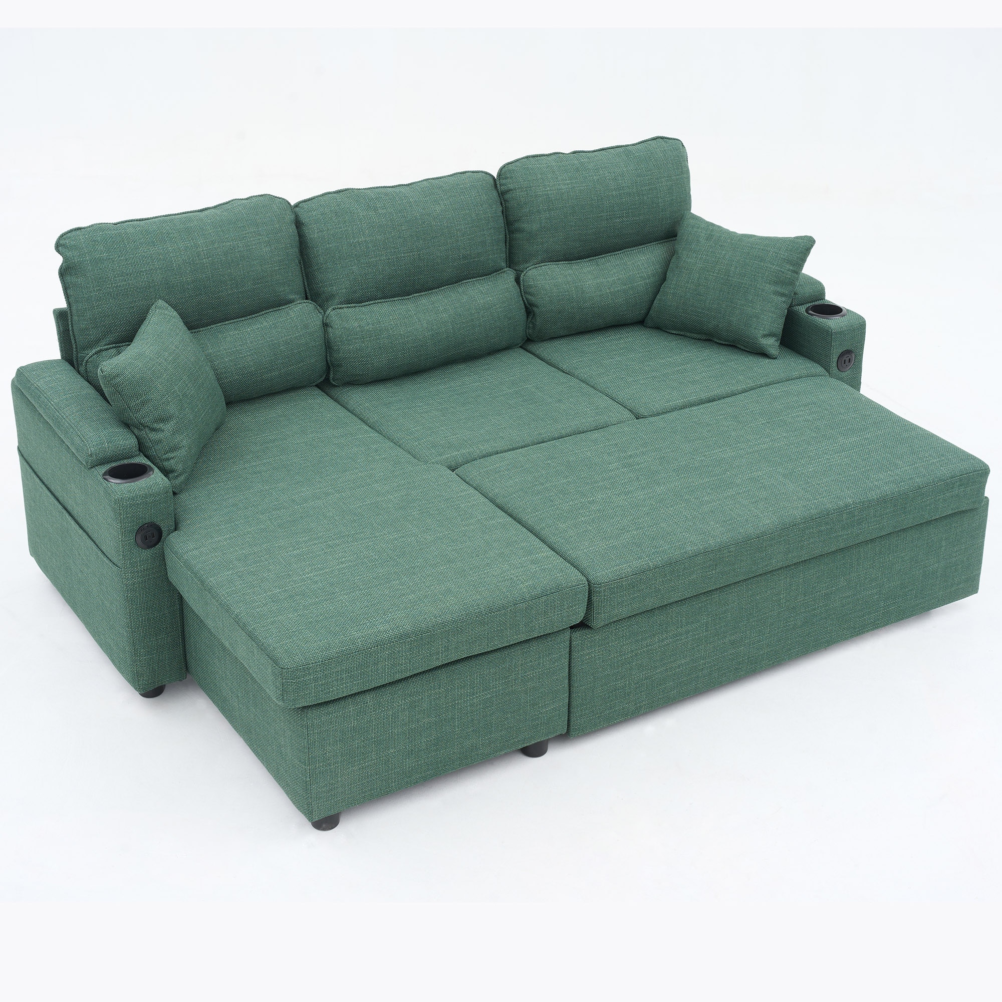 Convertible Sleeper Sofa 2 in 1, L-Shaped Couches for Living Room, Pull Out Sectional Futon Sofa Bed with Storage Space, USB Ports and Cup Holders for Bedroom(Green) Convertible Sleeper Sofa 2 in 1, L-Shaped Couches for Living Room, Pull Out Sectional Futon Sofa Bed with Storage Space, USB Ports and Cup Holders for Bedroom(Green)